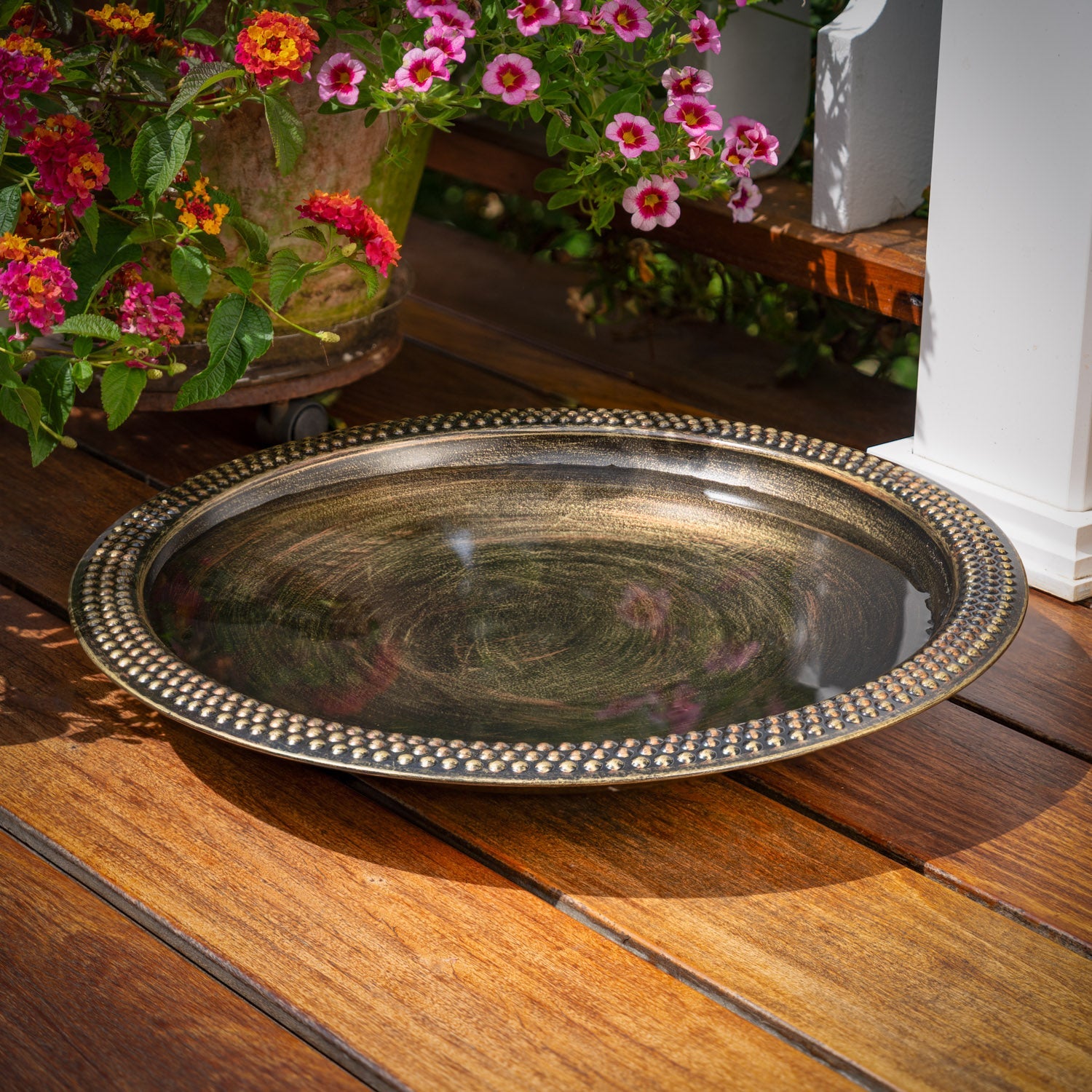18" Beaded Copper Bird Bath Basin in Aged Brass Finish - Evira