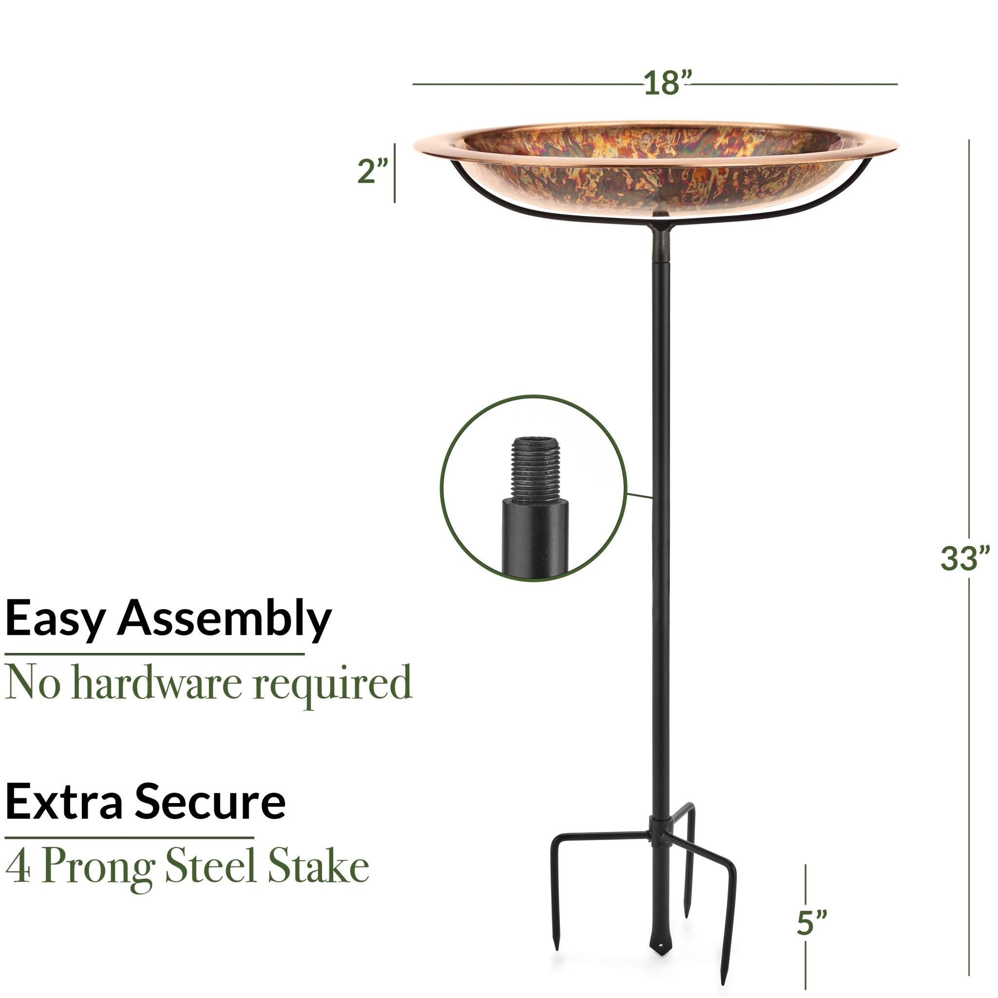 18“� Fired Copper Bird Bath with Garden Pole - Evira