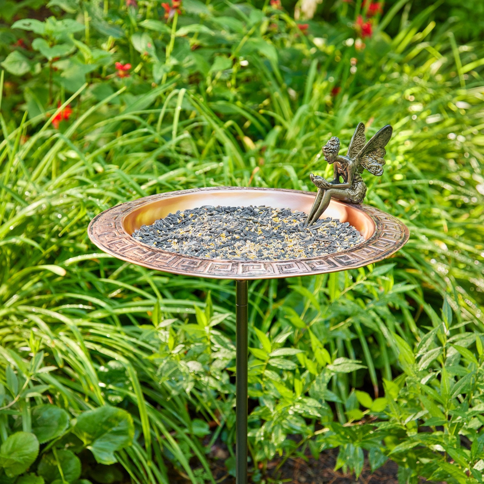 18" Greek Copper Bird Bath with Fairy and Garden Pole - Evira