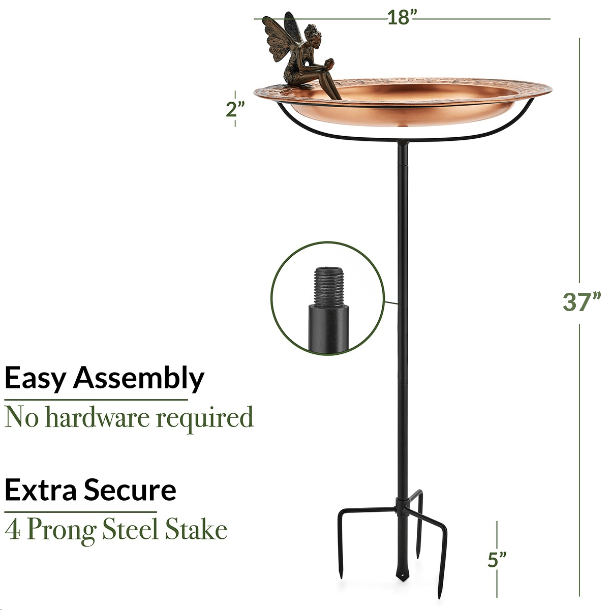 18" Greek Copper Bird Bath with Fairy and Garden Pole - Evira