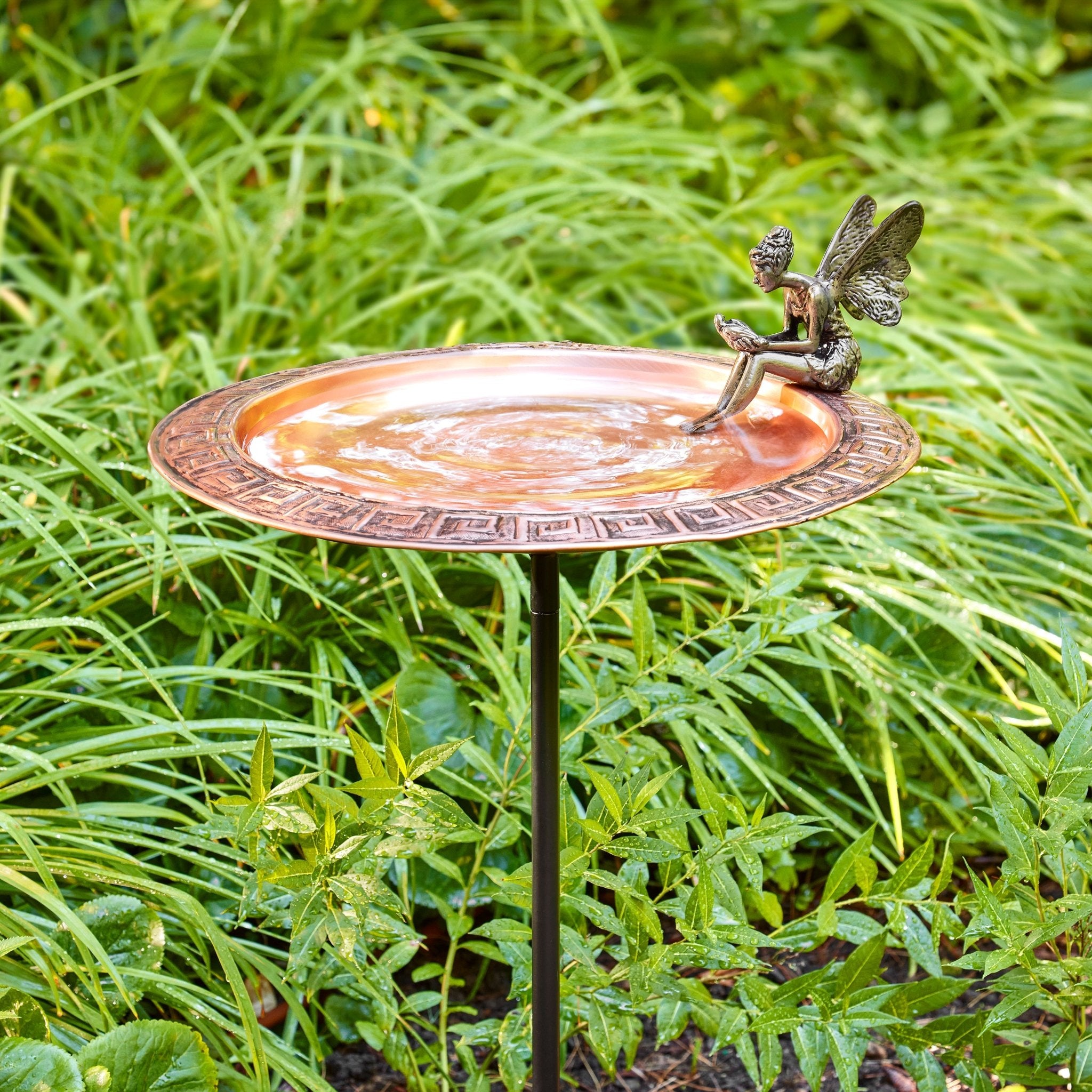 18" Greek Copper Bird Bath with Fairy and Garden Pole - Evira