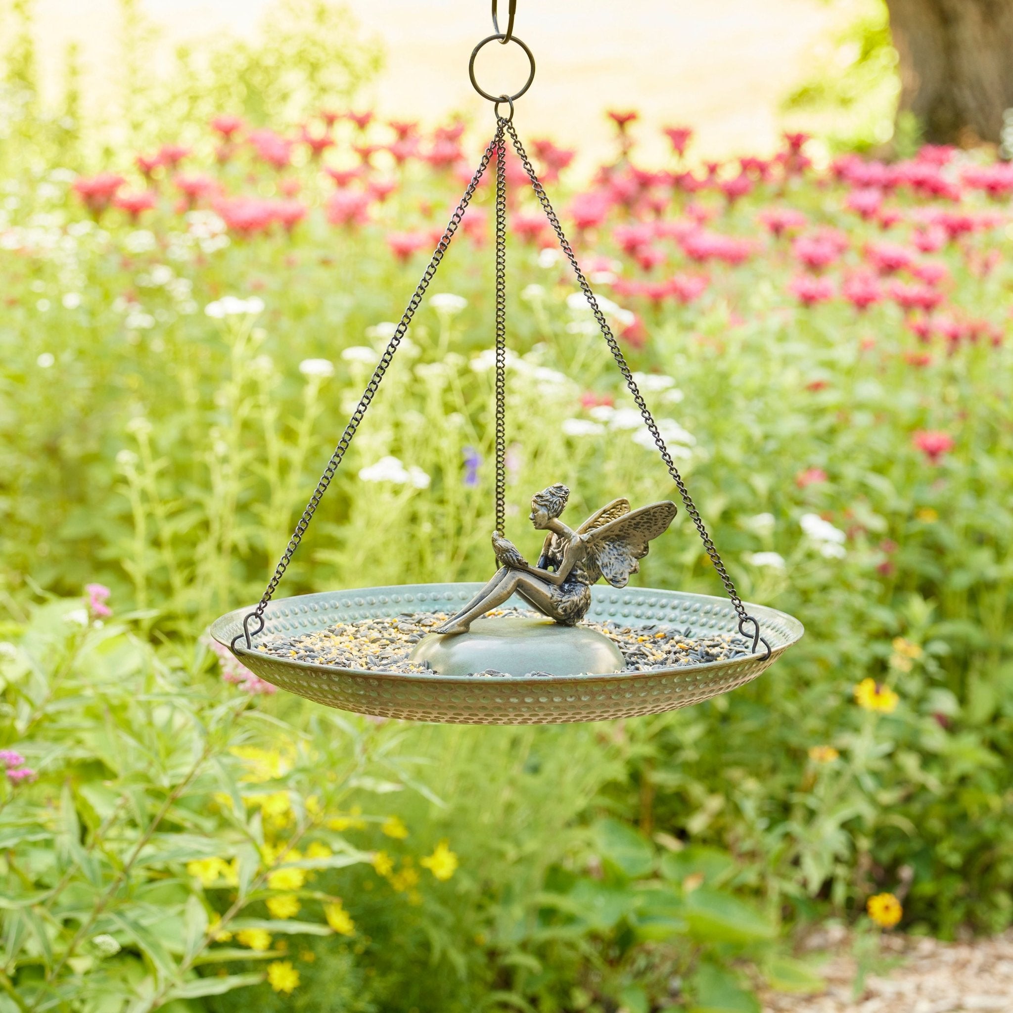 18" Hanging Blue Verde Copper Bird Bath with Fairy - Evira