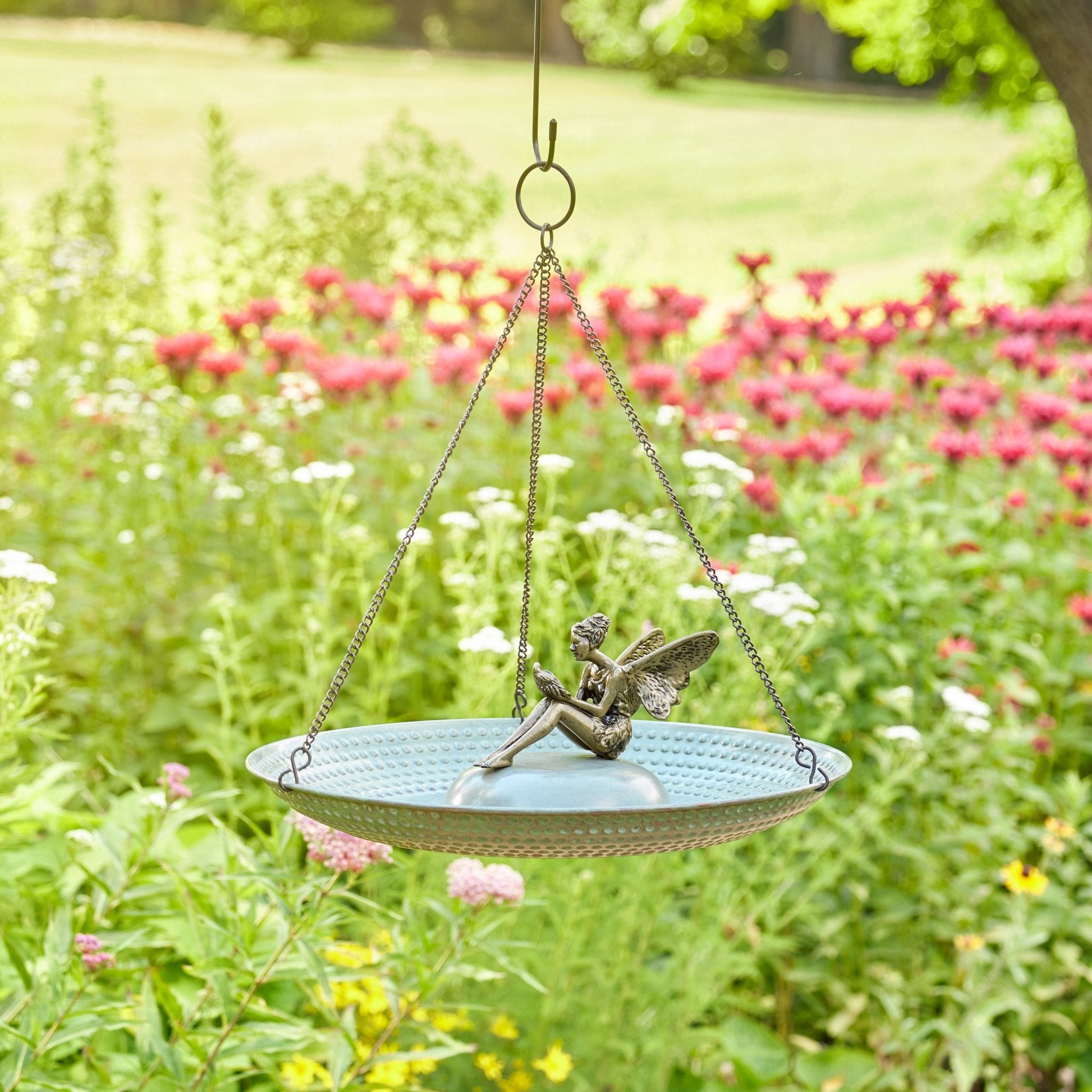 18" Hanging Blue Verde Copper Bird Bath with Fairy - Evira