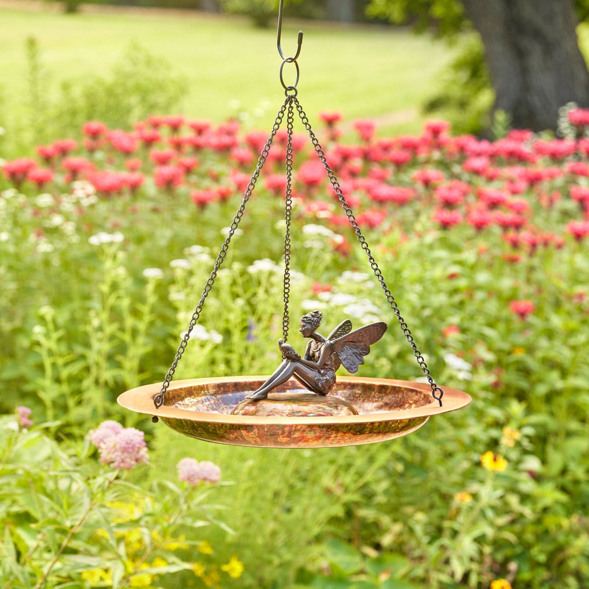 18" Hanging Fired Copper Bird Bath with Fairy - Evira