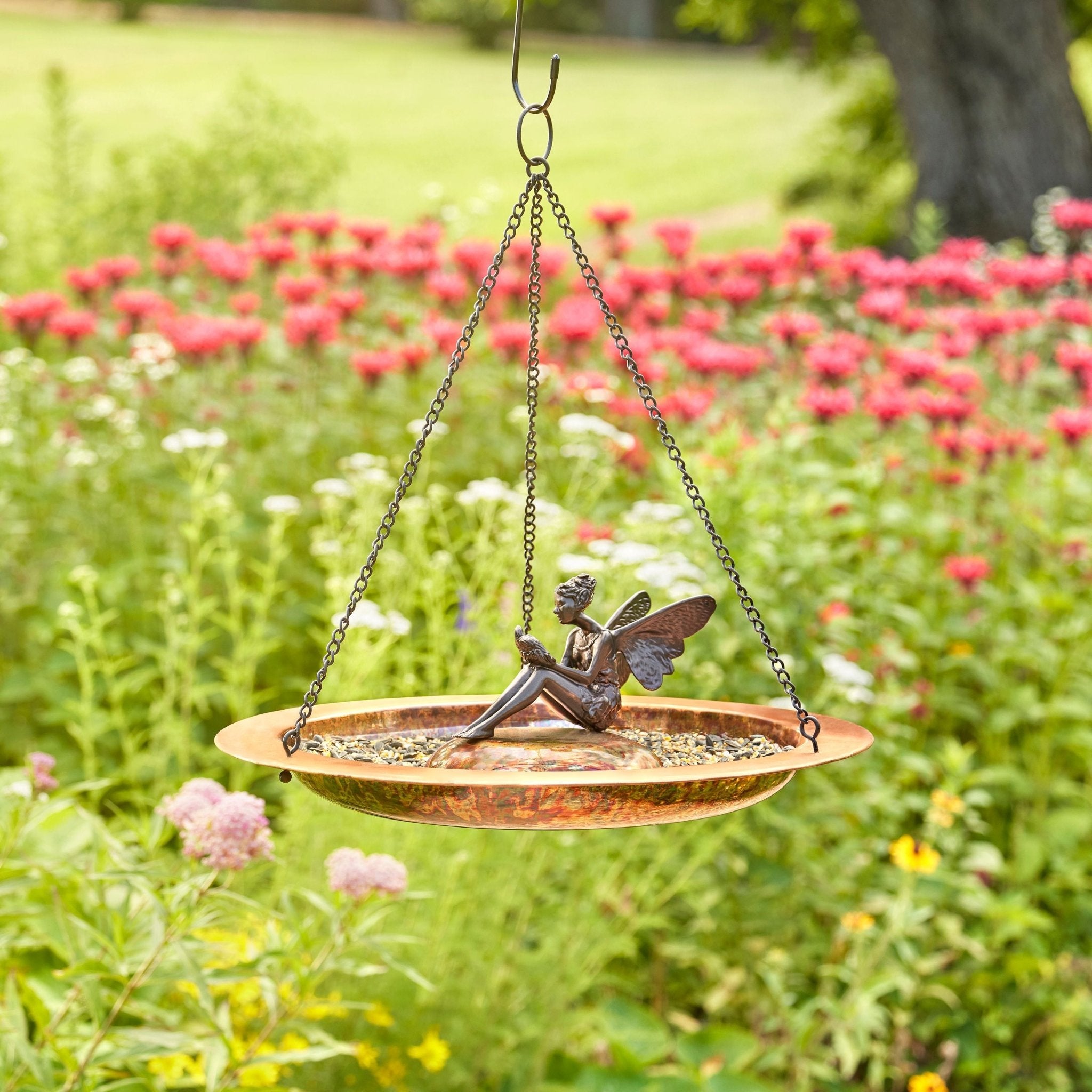 18" Hanging Fired Copper Bird Bath with Fairy - Evira