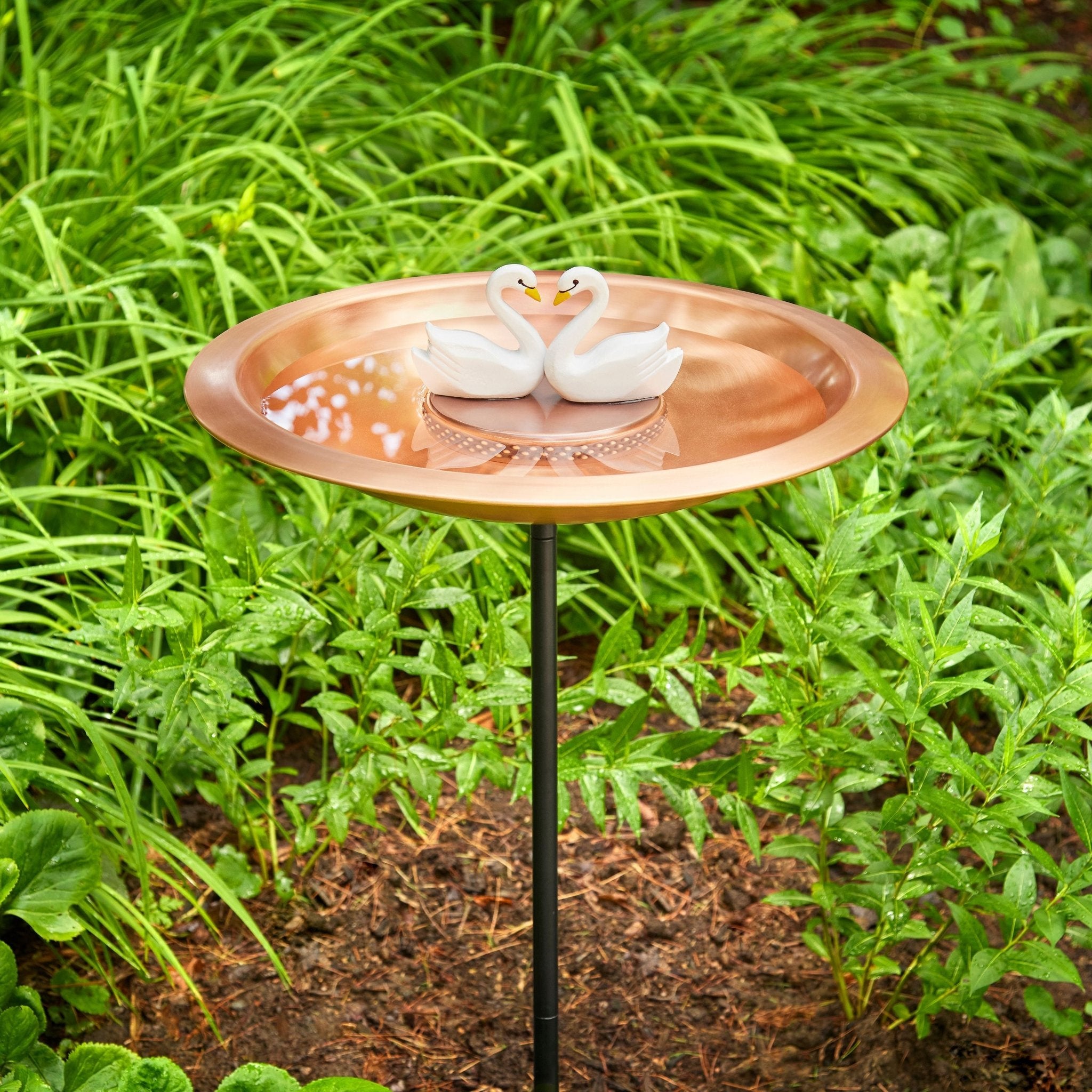 18" Matte Copper Bird Bath with Swans and Garden Pole - Evira