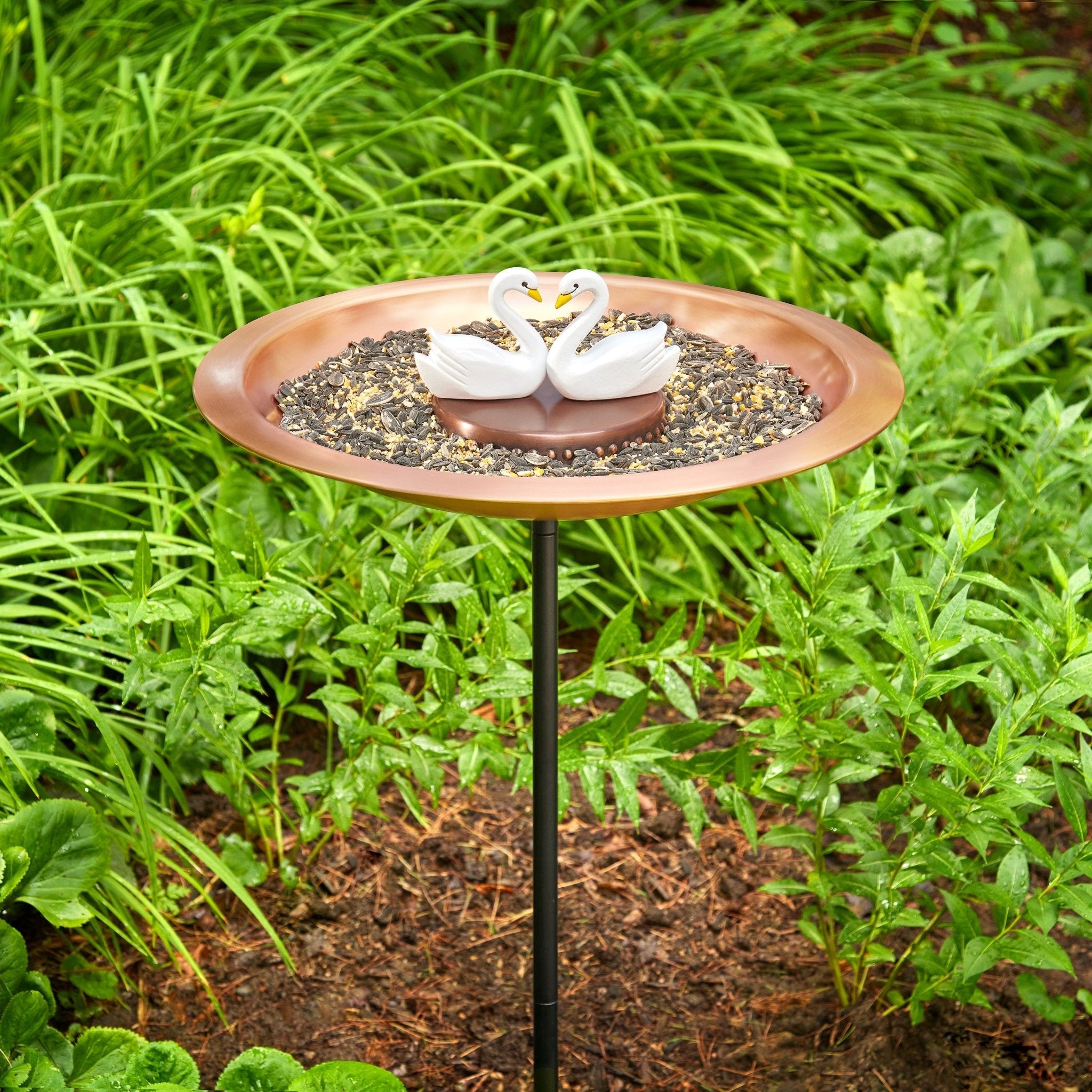 18" Matte Copper Bird Bath with Swans and Garden Pole - Evira