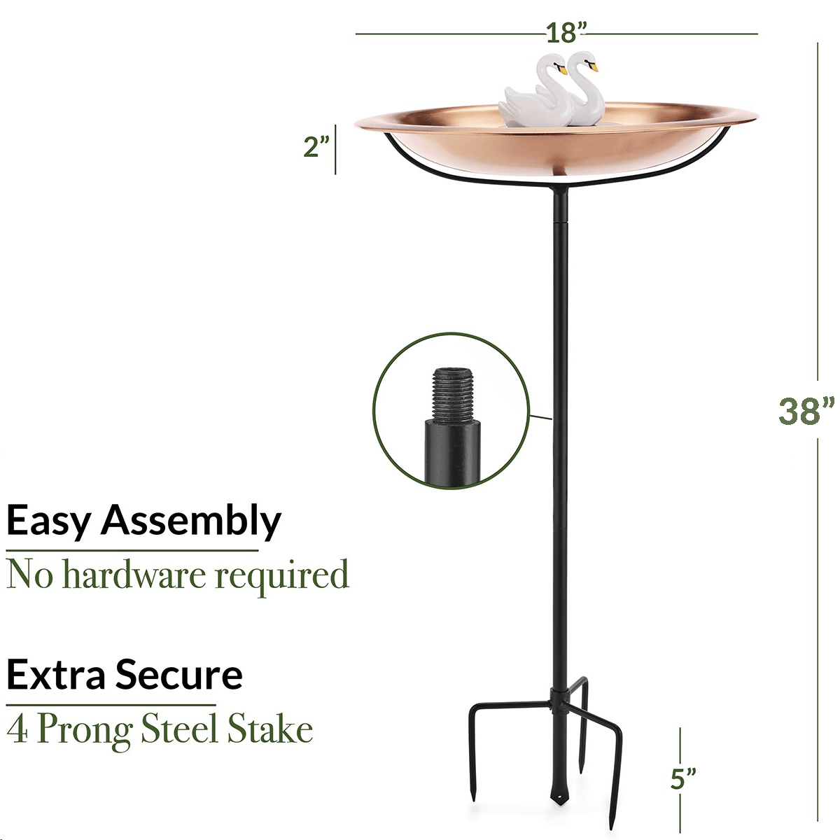 18" Matte Copper Bird Bath with Swans and Garden Pole - Evira