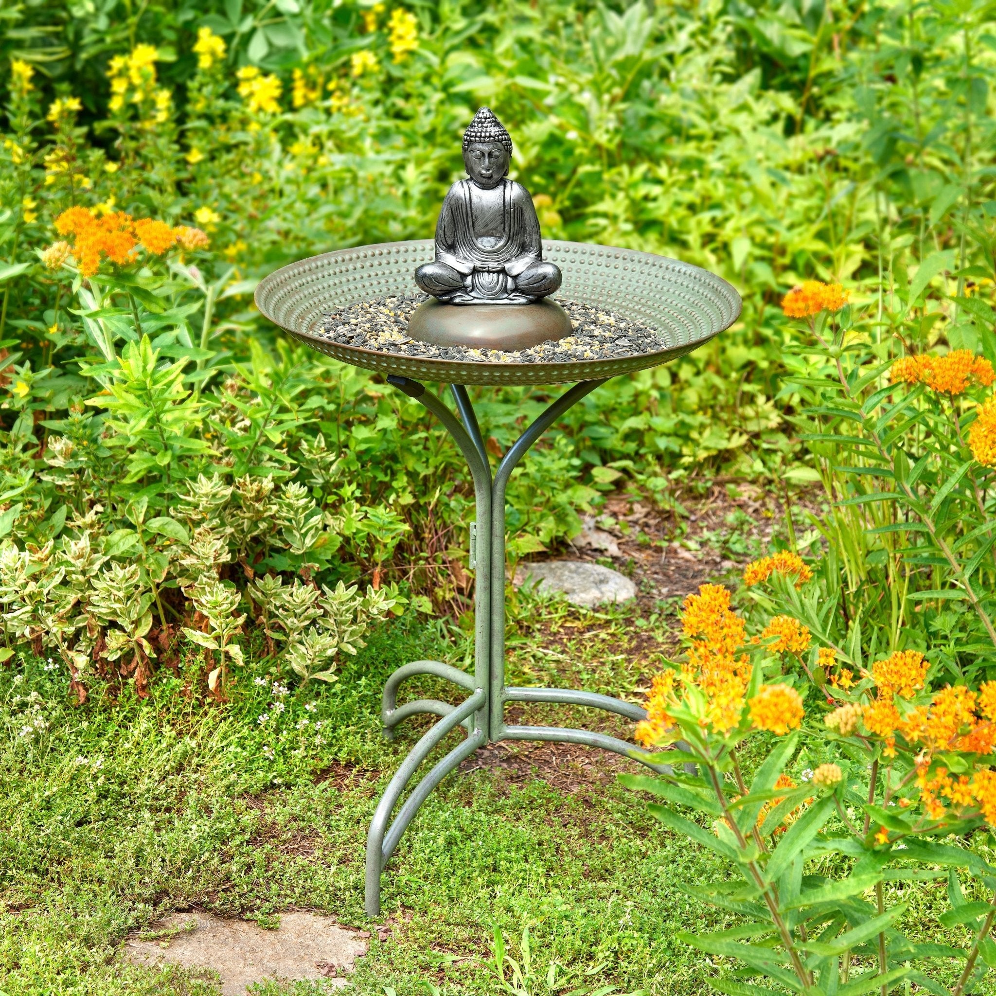 20" Blue Verde Copper Bird Bath with Buddha - Evira