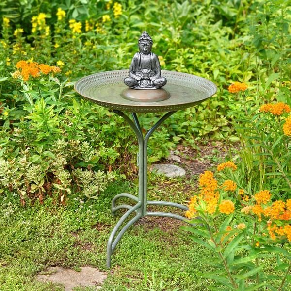 20" Blue Verde Copper Bird Bath with Buddha - Evira