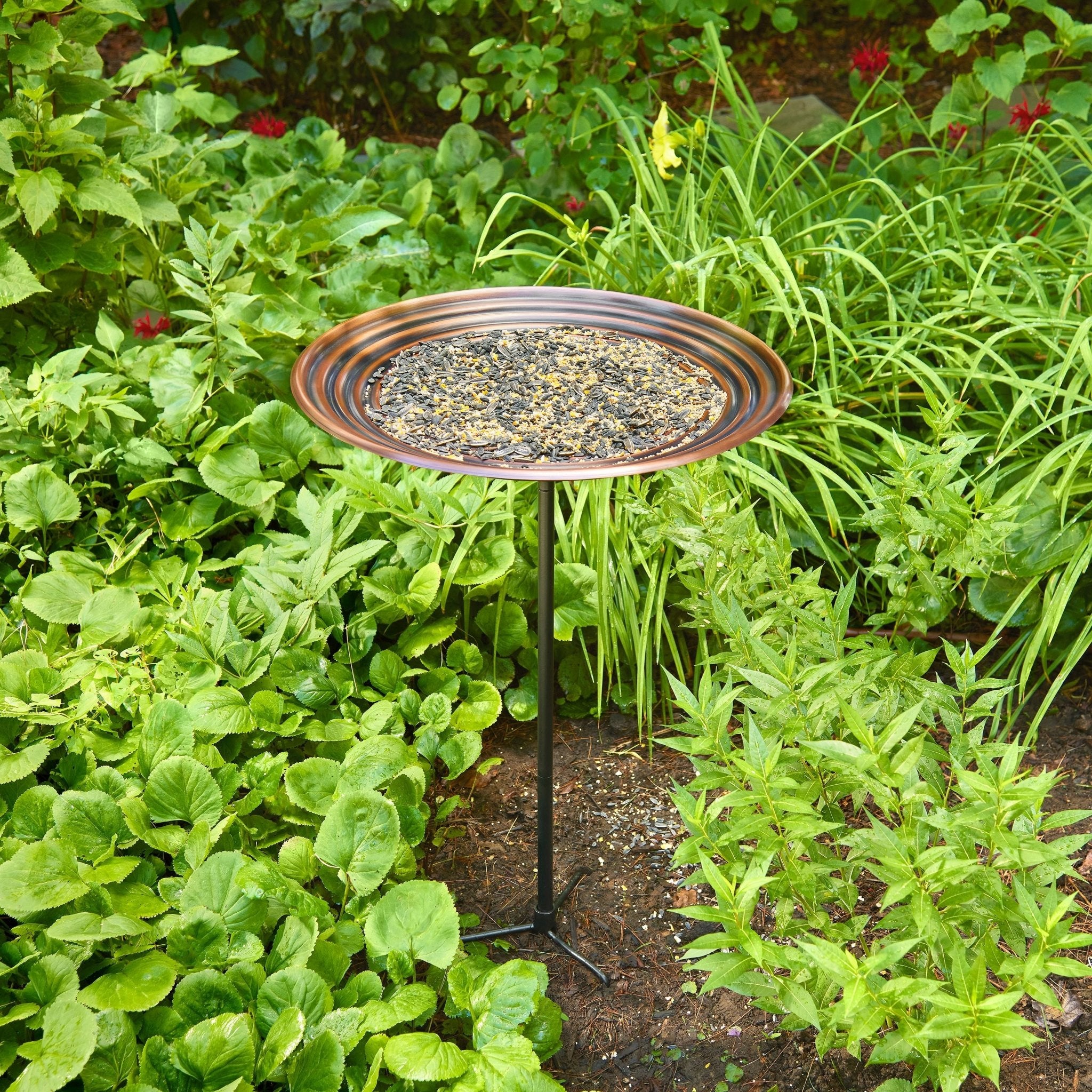 20" Bronze Finish Ripples Copper Bird Bath with Garden Pole - Evira