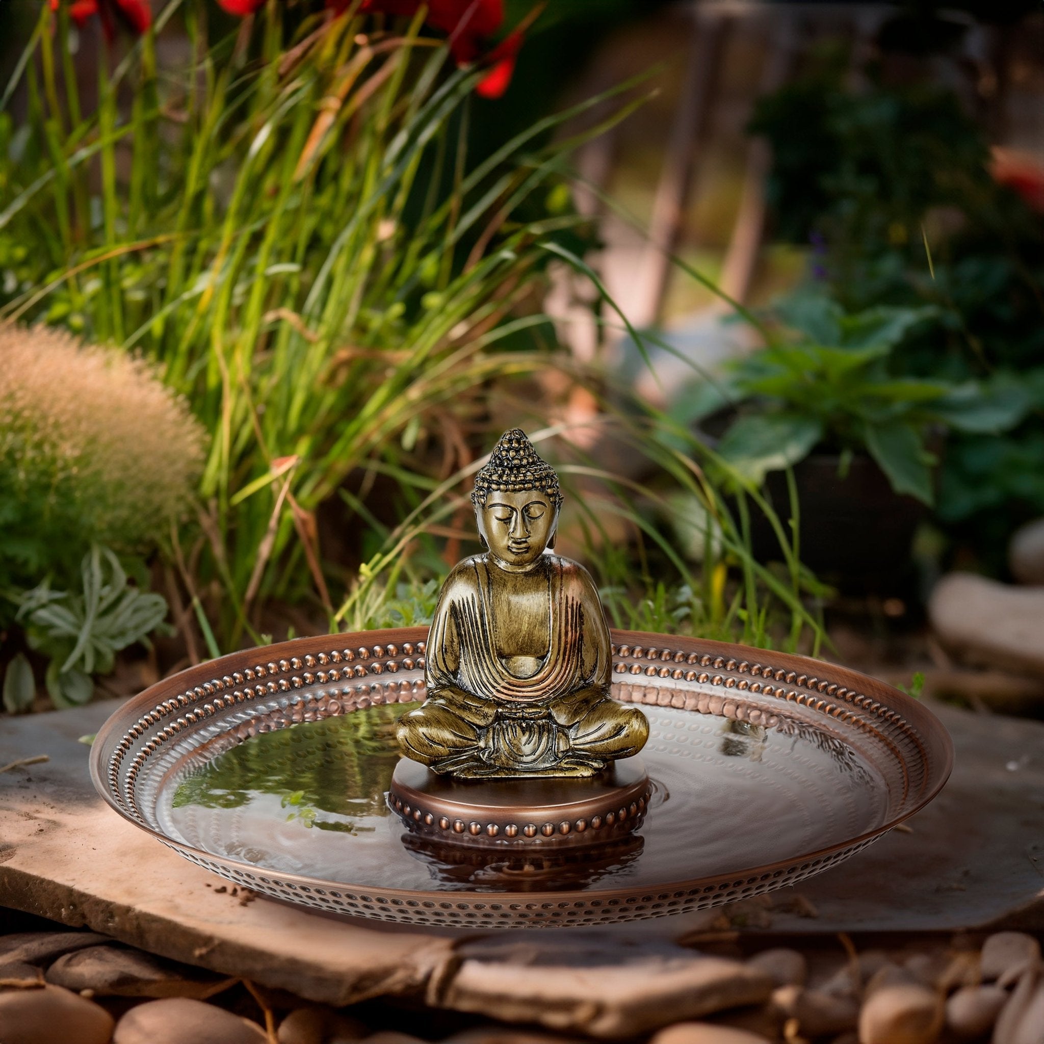 20“� Copper Birdbath Basin with Meditating Buddha - Evira