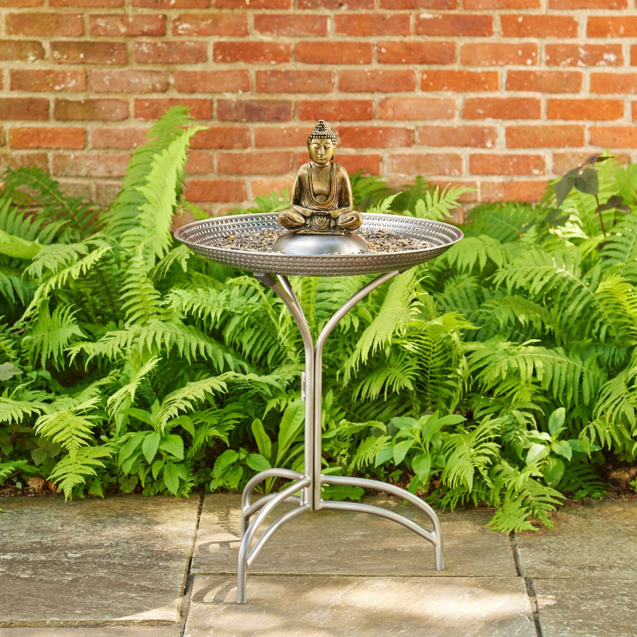 20" Pewter Copper Bird Bath with Buddha - Evira