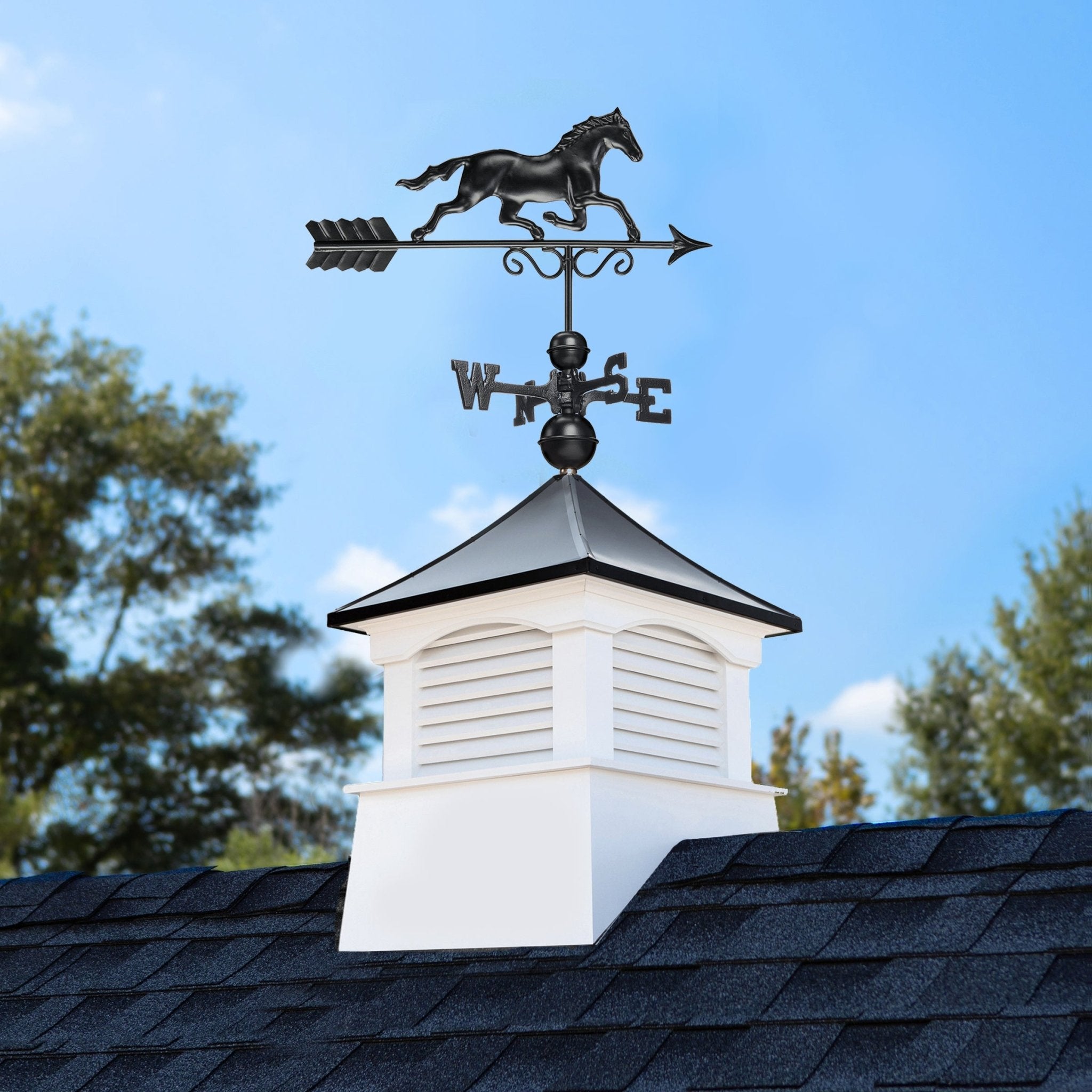18" Square Coventry Vinyl Cupola with Black Aluminum roof and Black Aluminum Horse Weathervane - Evira