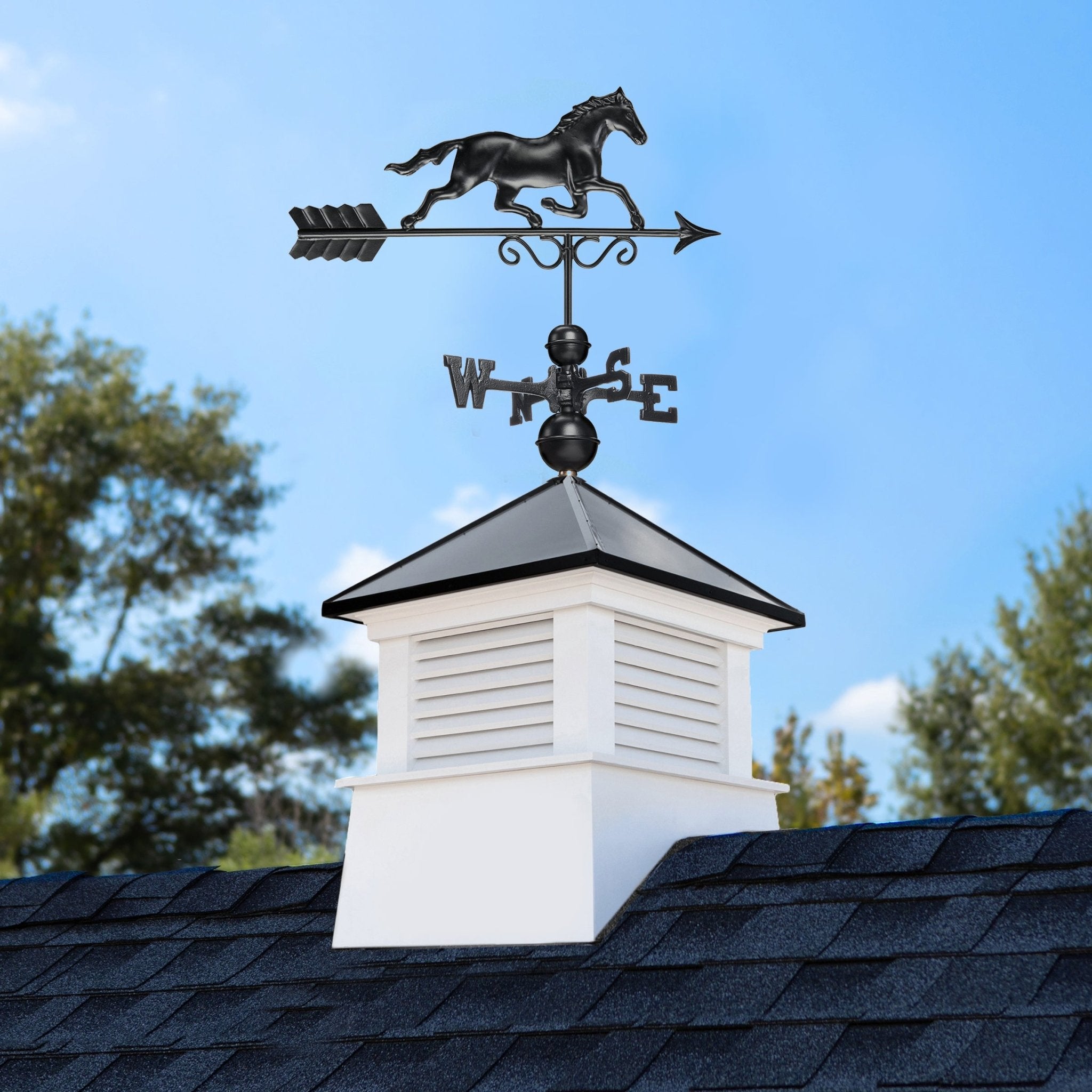 18" Square Manchester Vinyl Cupola with Black Aluminum roof and Black Aluminum Horse - Evira
