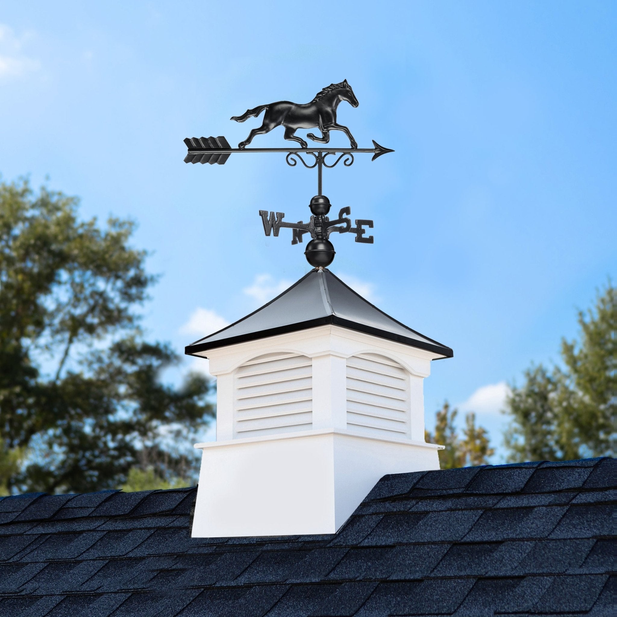 26" Square Coventry Vinyl Cupola with Black Aluminum roof and Black Aluminum Horse Weathervane - Evira
