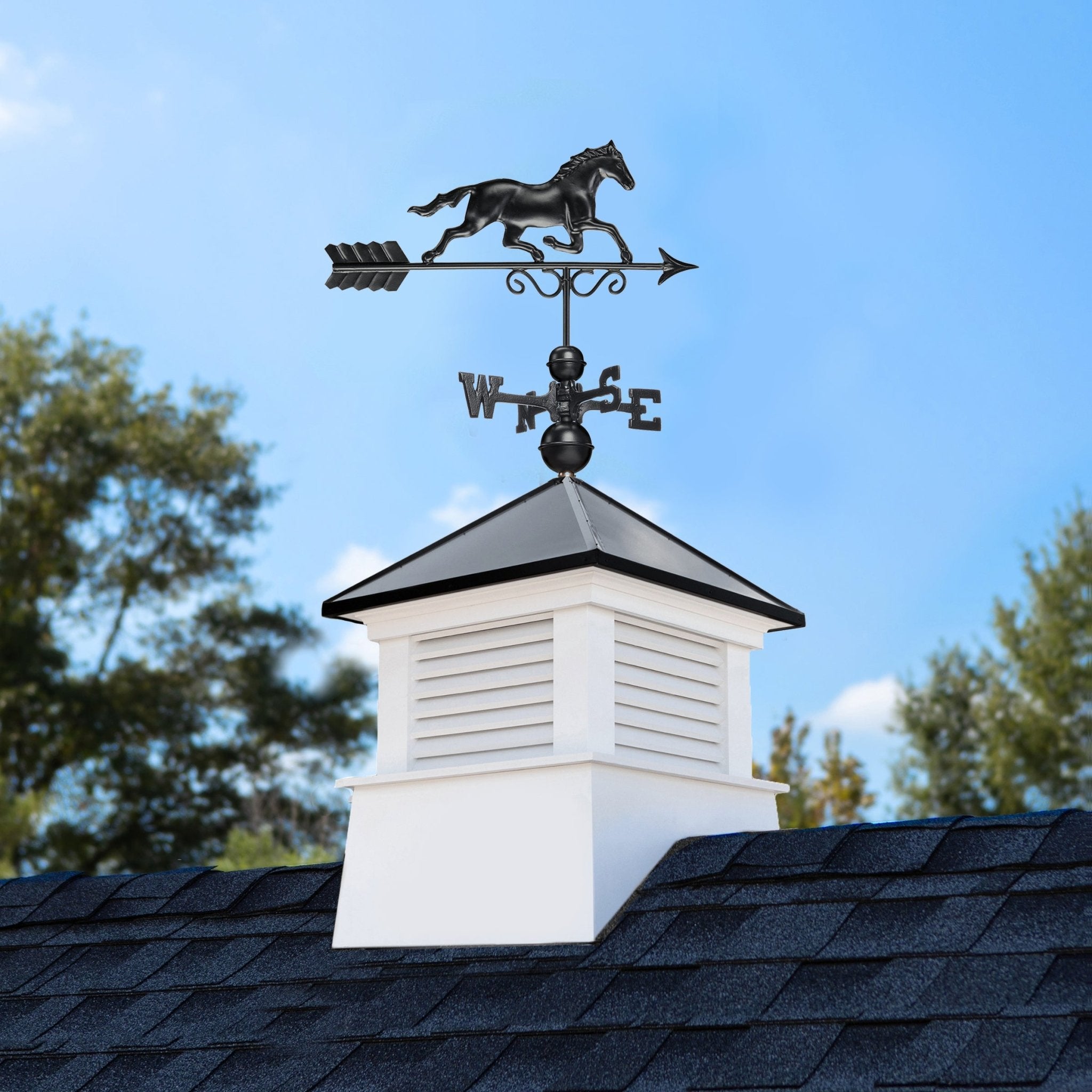 26" Square Manchester Vinyl Cupola with Black Aluminum roof and Black Aluminum Horse - Evira