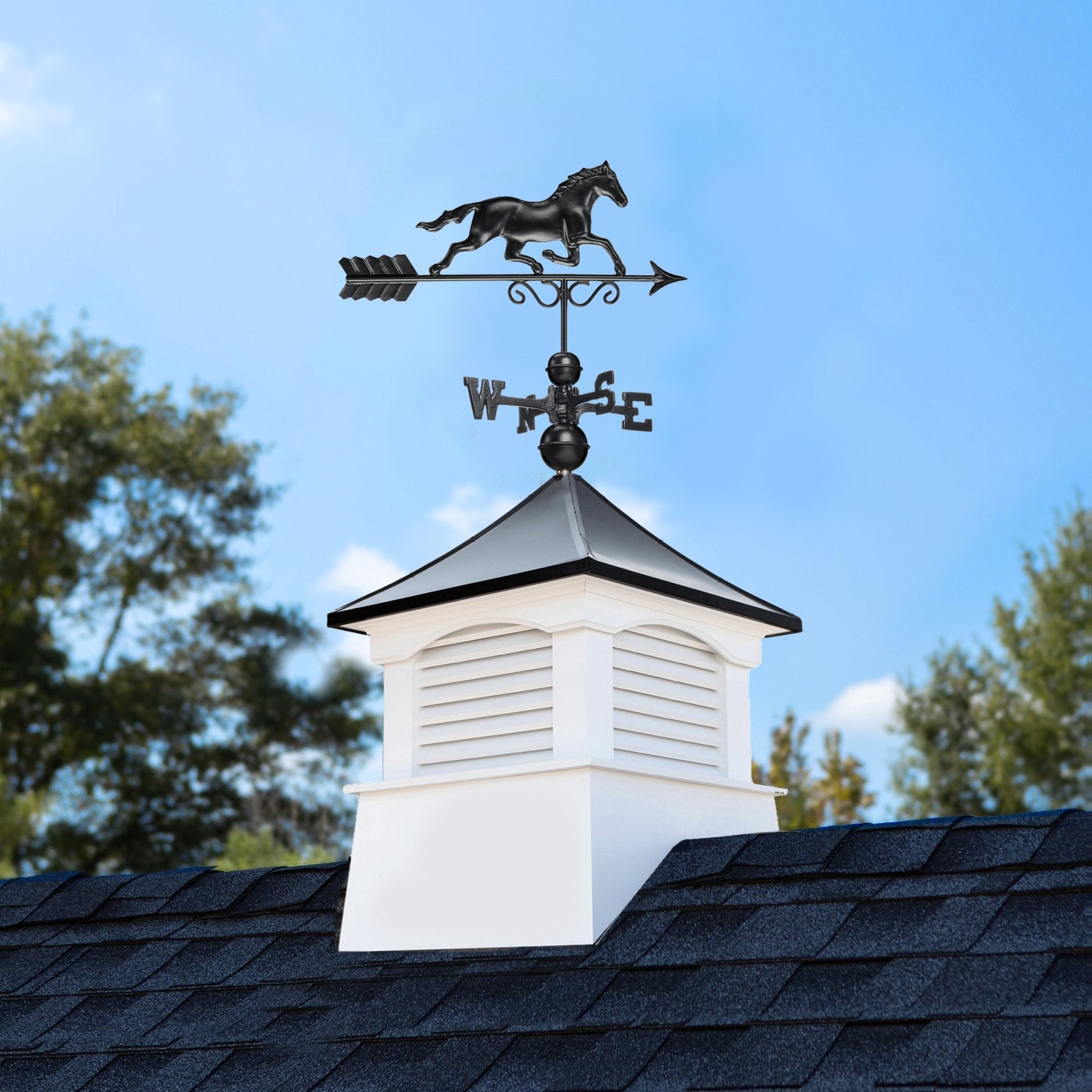 30" Square Coventry Vinyl Cupola with Black Aluminum roof and Black Aluminum Horse Weathervane - Evira