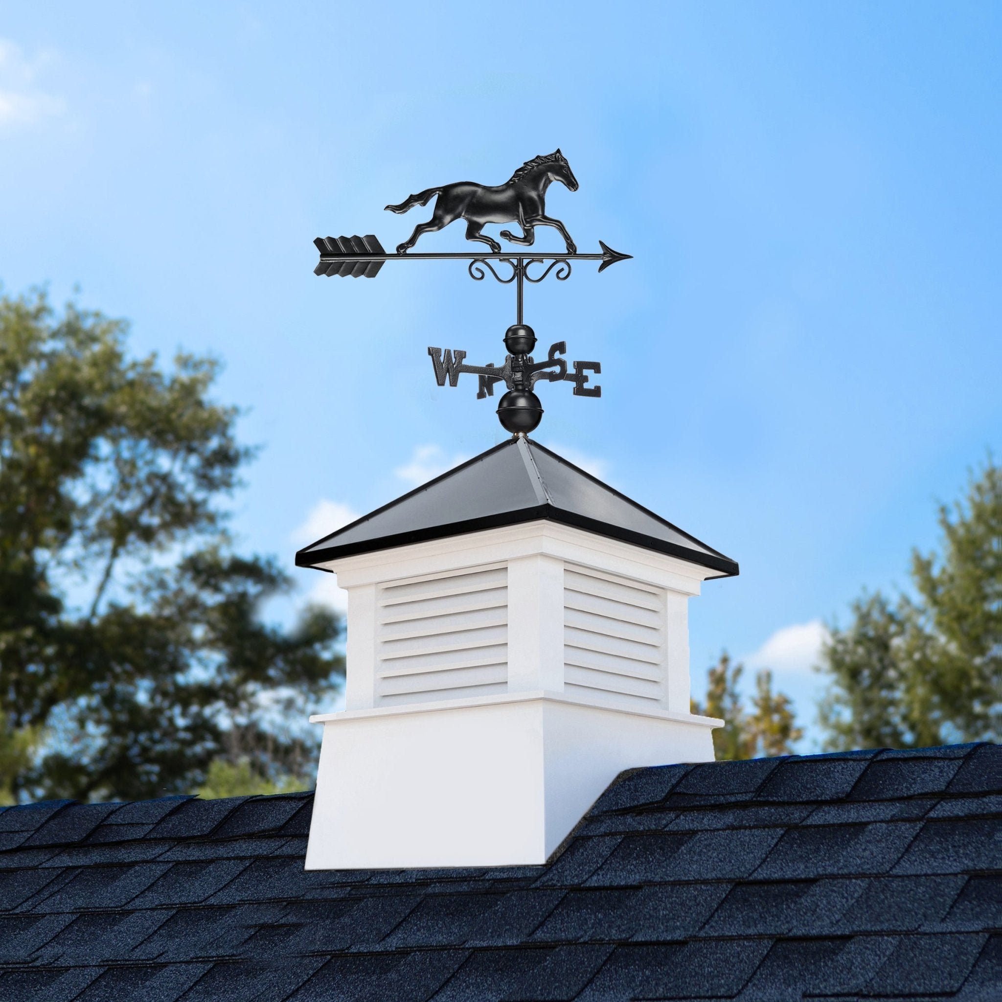 30" Square Manchester Vinyl Cupola with Black Aluminum roof and Black Aluminum Horse - Evira