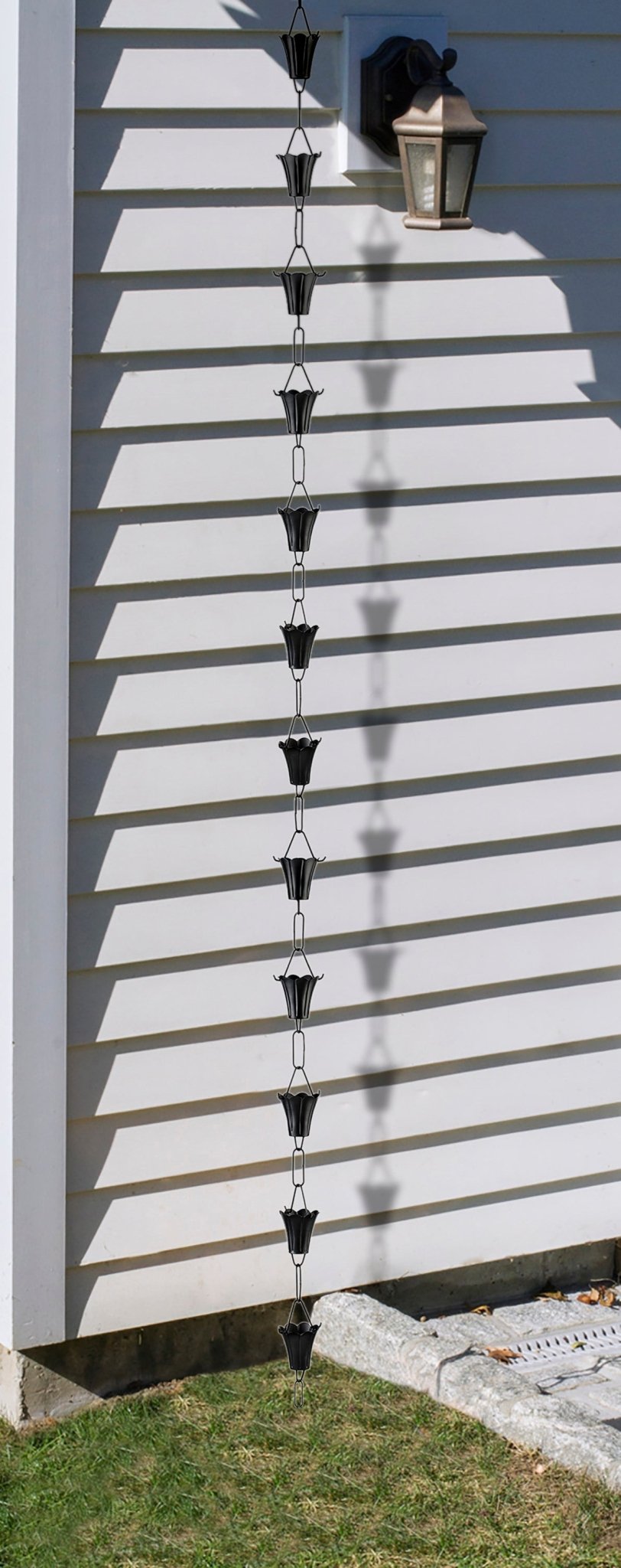 Fluted Flower Black Aluminum 8.5 ft. Rain Chain with Gutter Installation Clip - Evira