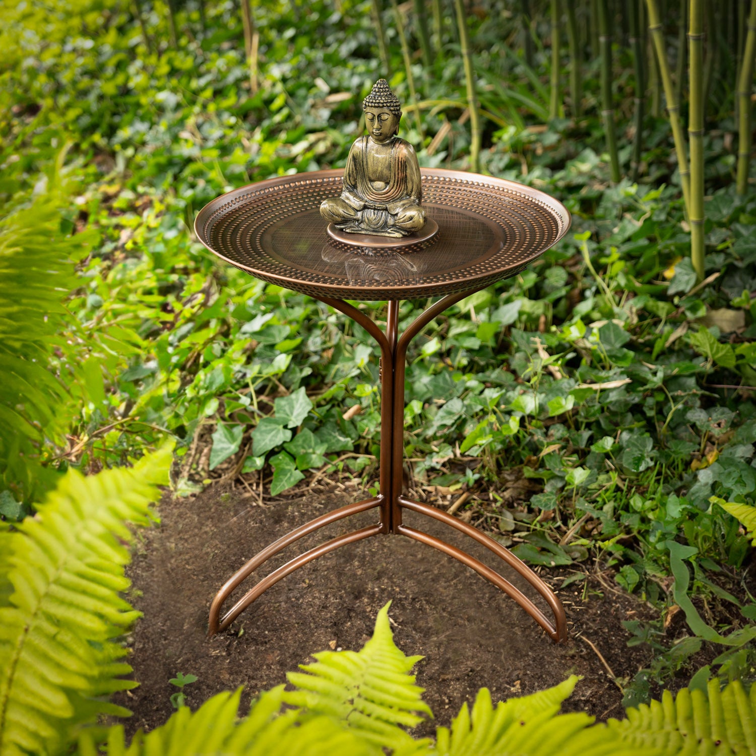 20“� Copper Birdbath with Meditating Buddha on Pedestal - Evira