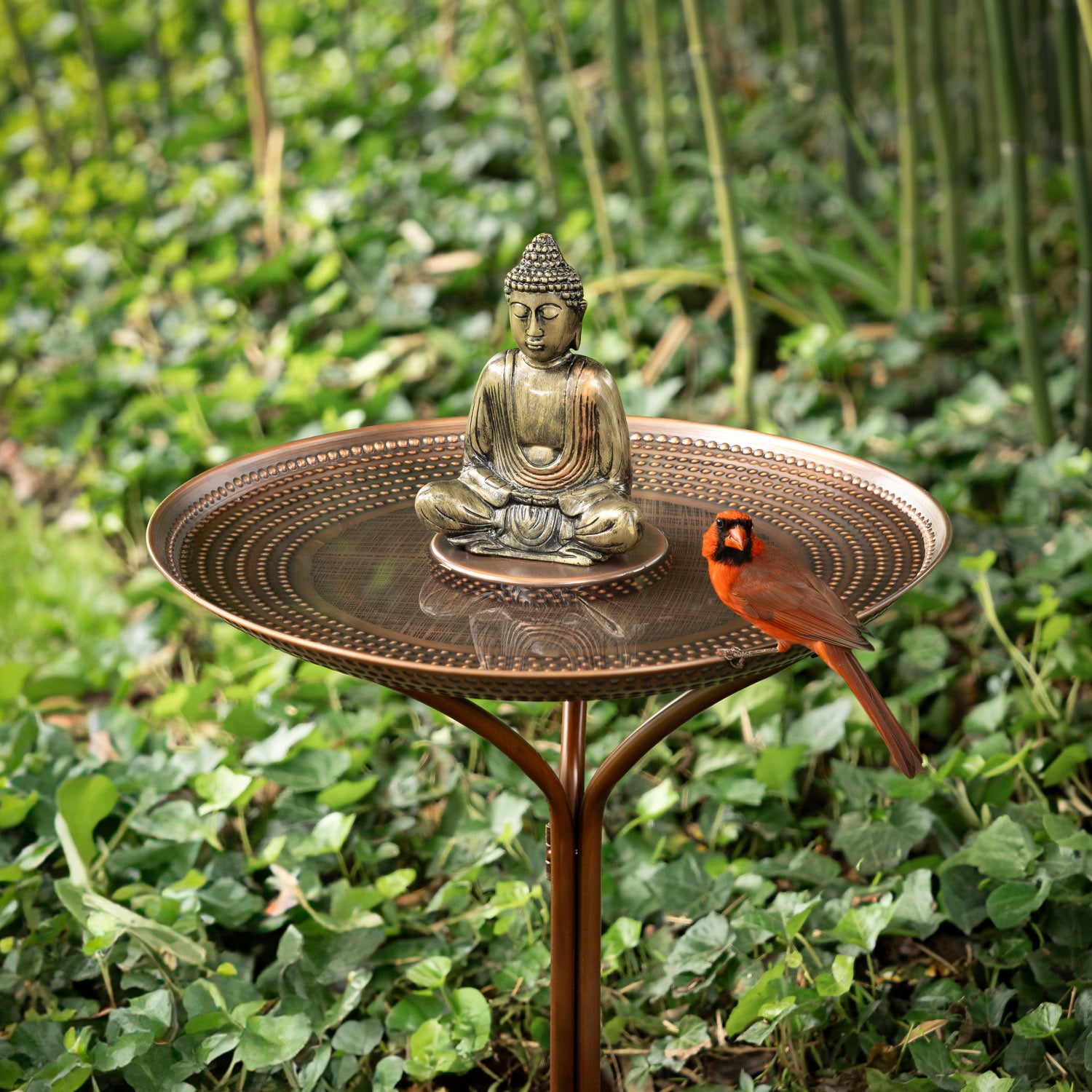 20“� Copper Birdbath with Meditating Buddha on Pedestal - Evira