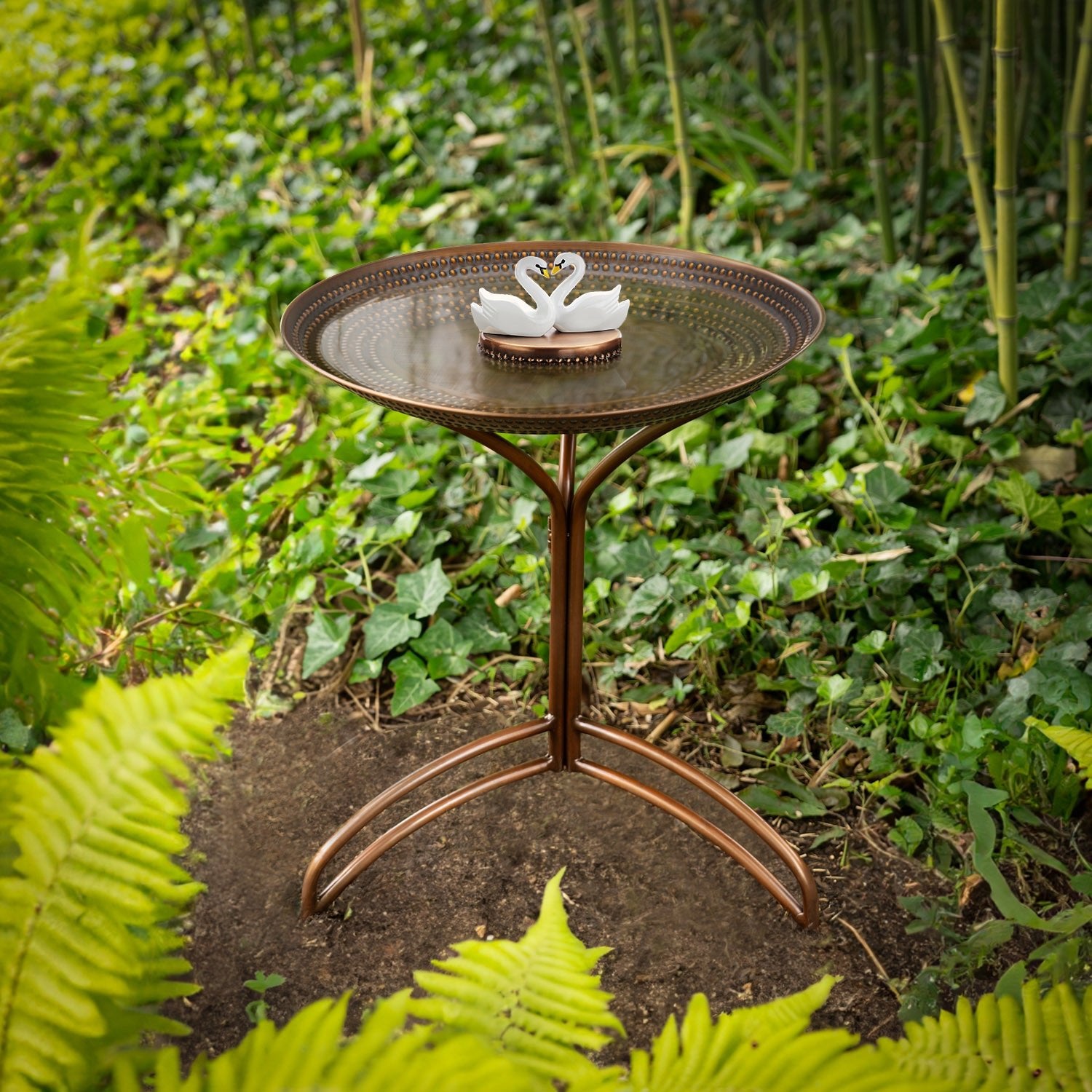 20" Bronze Copper Bird Bath with Swans - Evira
