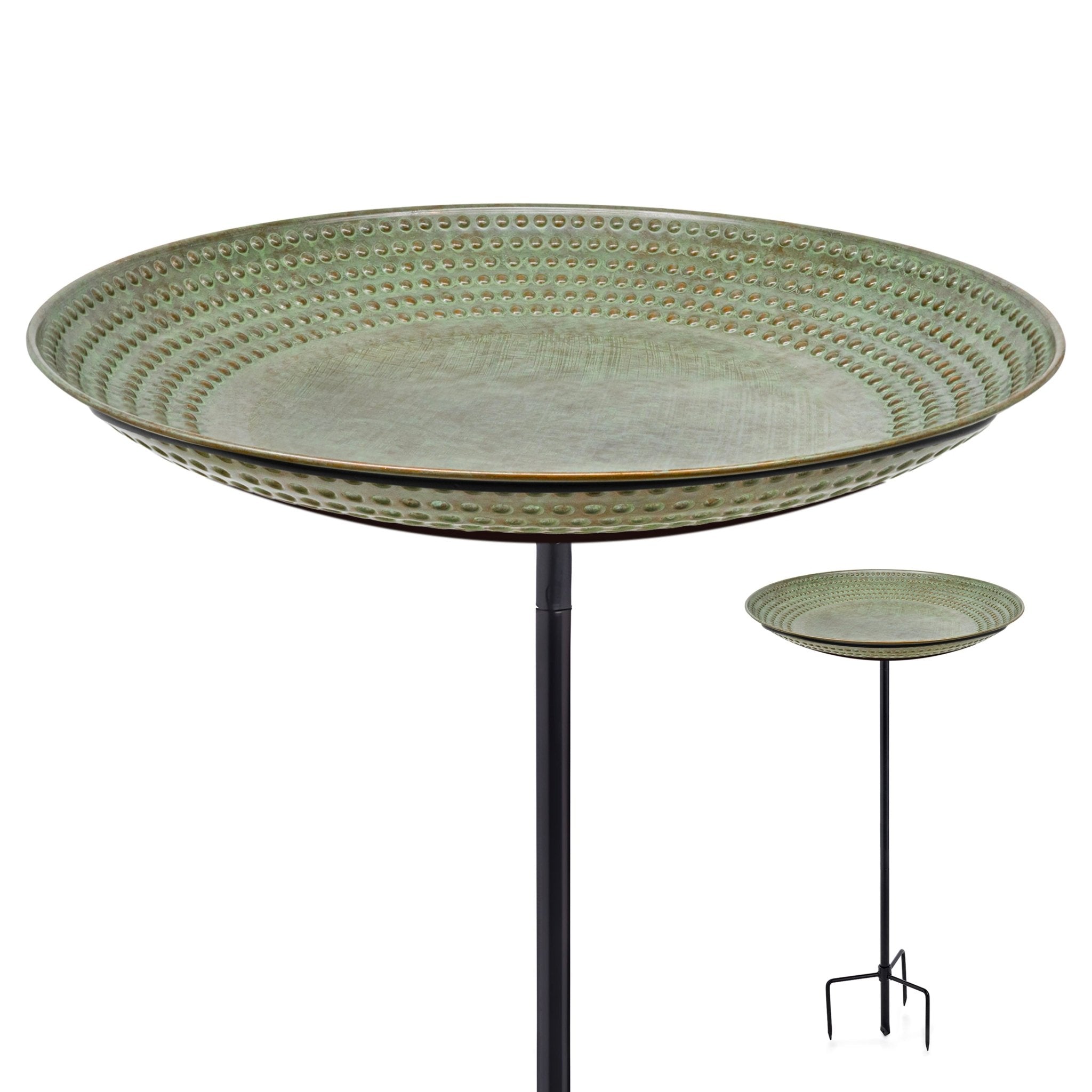 Beaded Copper Birdbath with Garden Pole, 18"D - Blue Verde Finish - Evira
