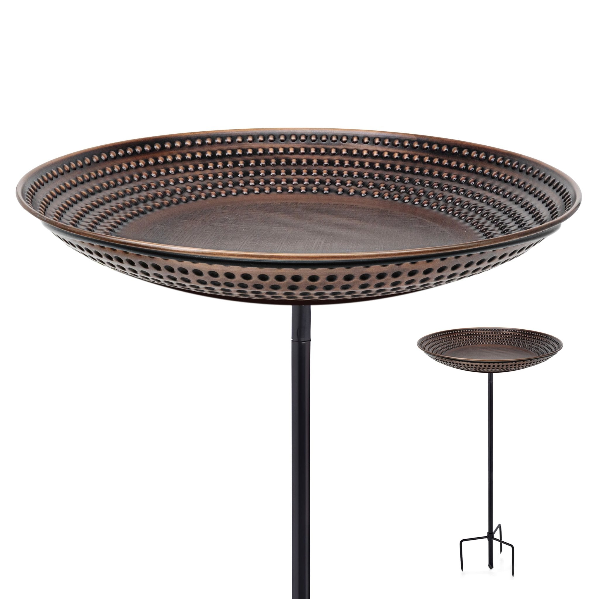 Beaded Copper Birdbath with Garden Pole, 18"D - Bronze Finish - Evira