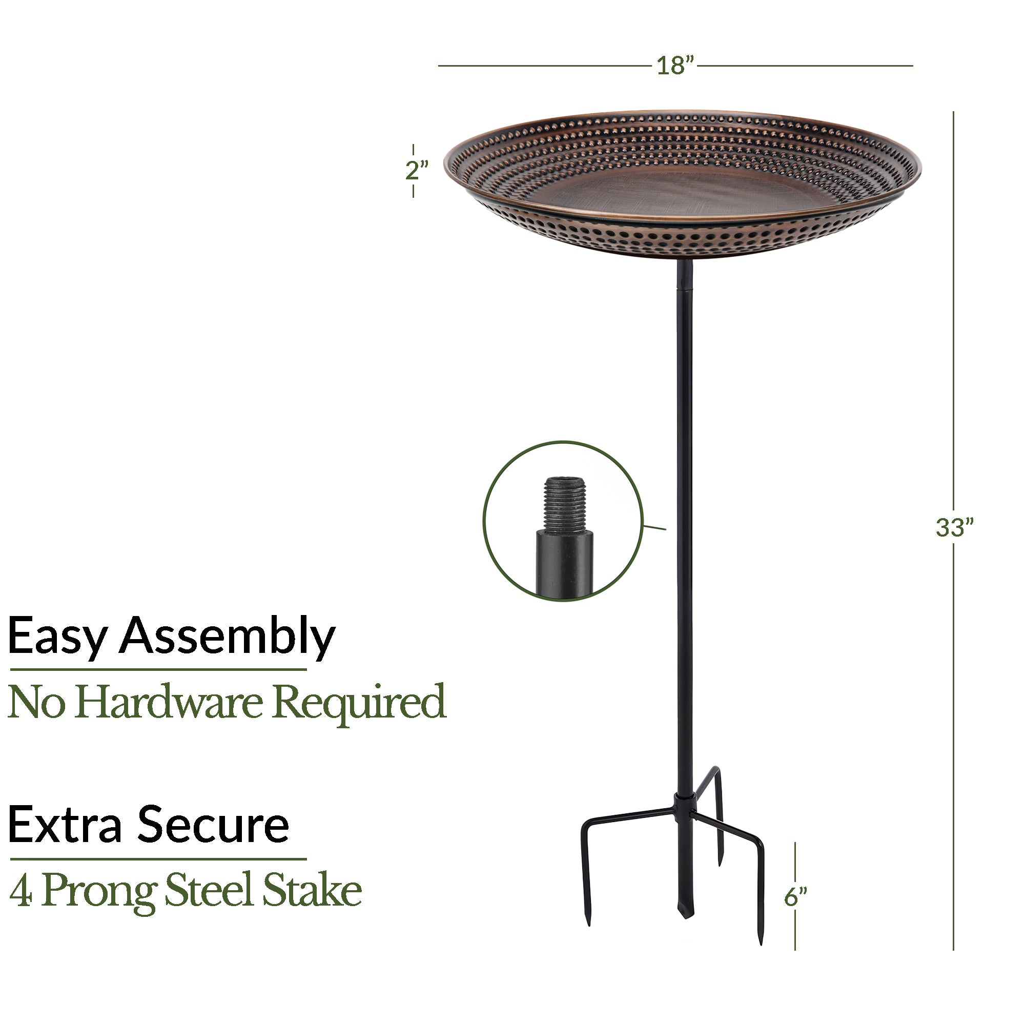 Beaded Copper Birdbath with Garden Pole, 18"D - Bronze Finish - Evira