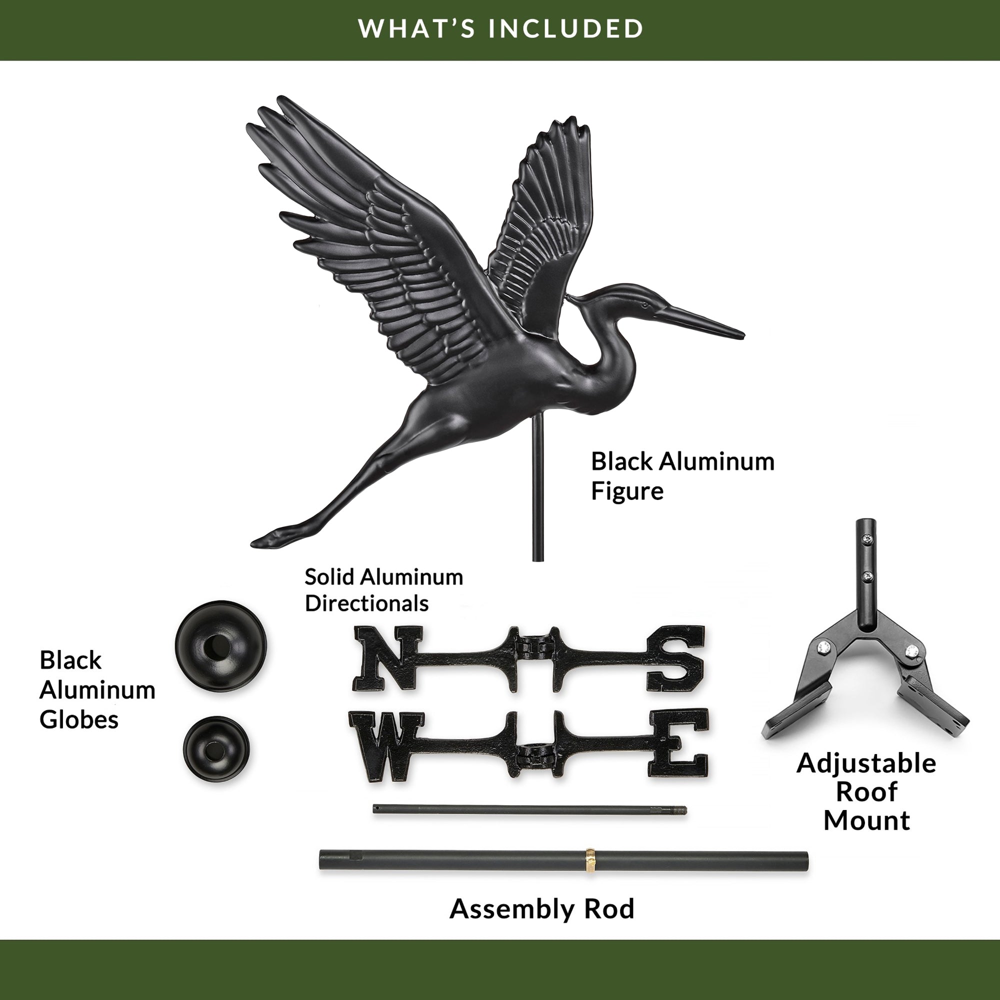 Black Aluminum Graceful Heron Standard Weathervane - Evira