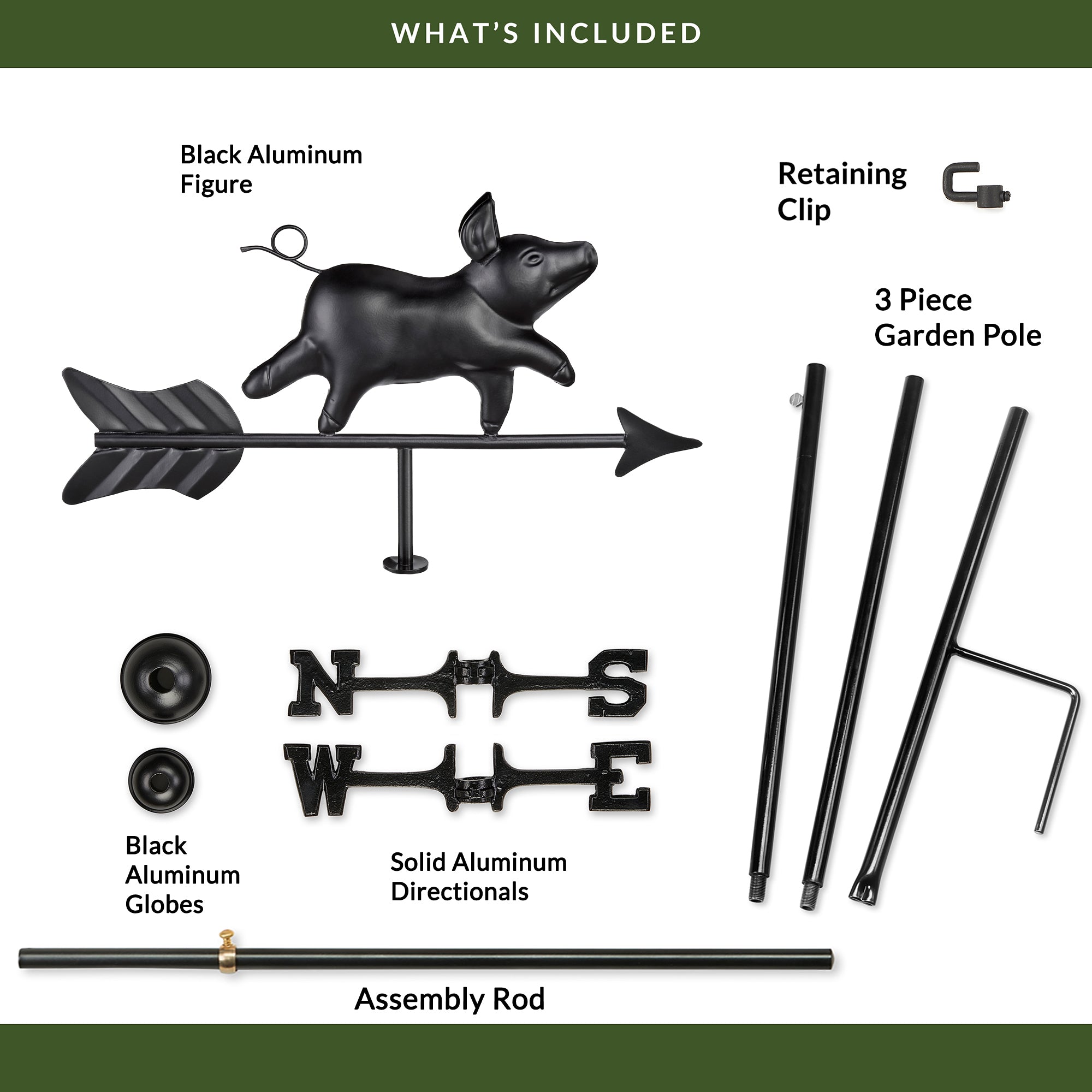 Black Aluminum Pig Garden Weathervane - Evira