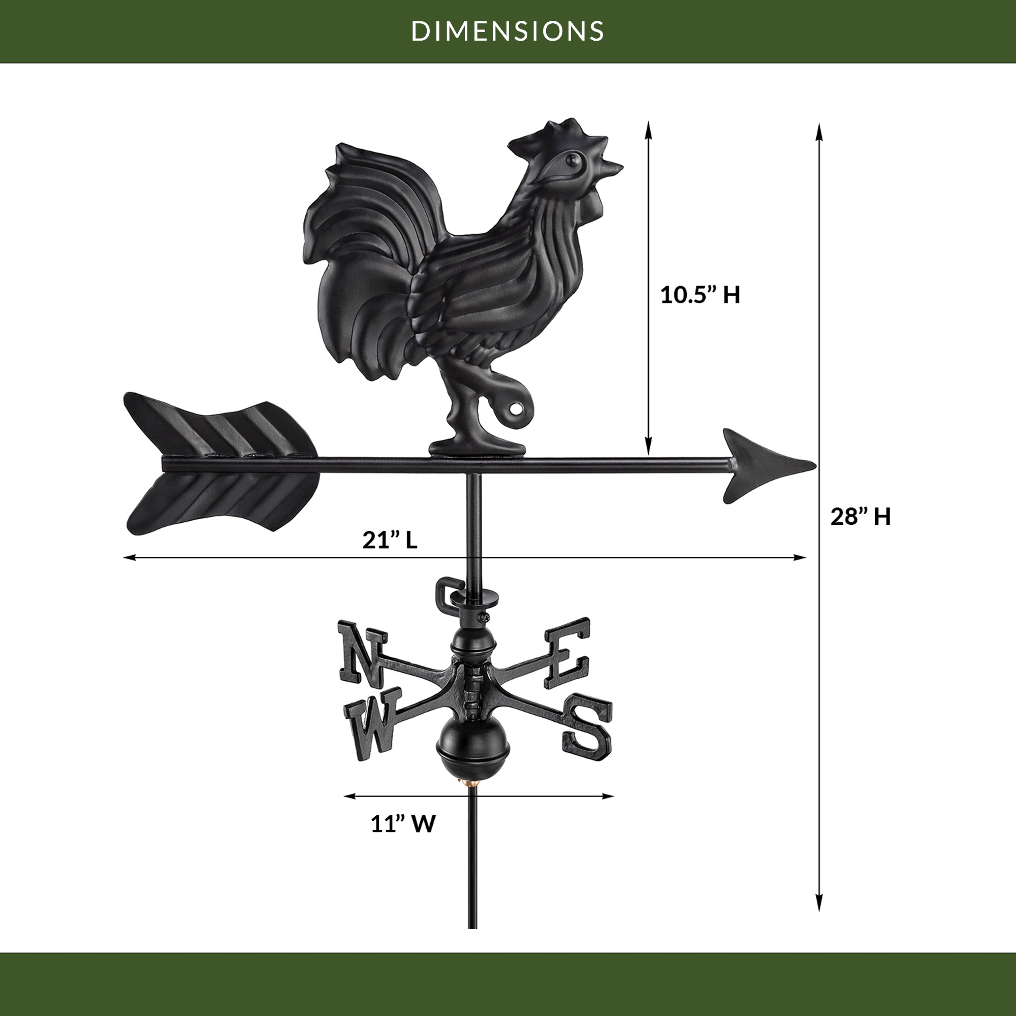 Black Aluminum Rooster Cottage Weathervane - Evira