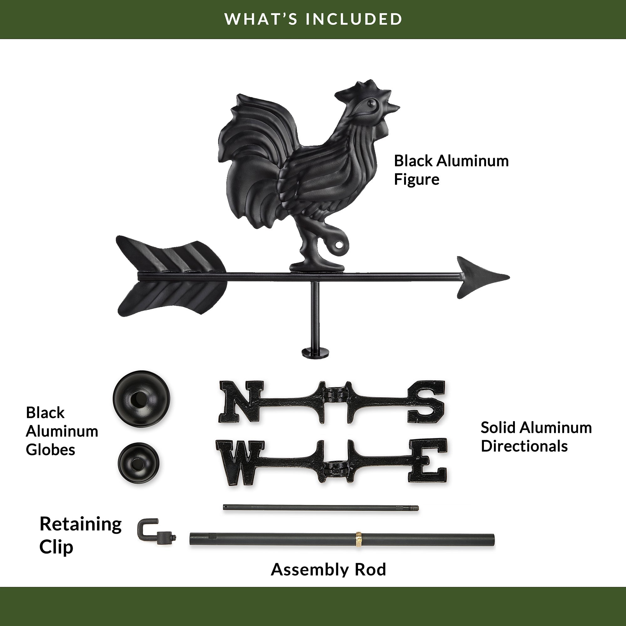 Black Aluminum Rooster Cottage Weathervane - Evira