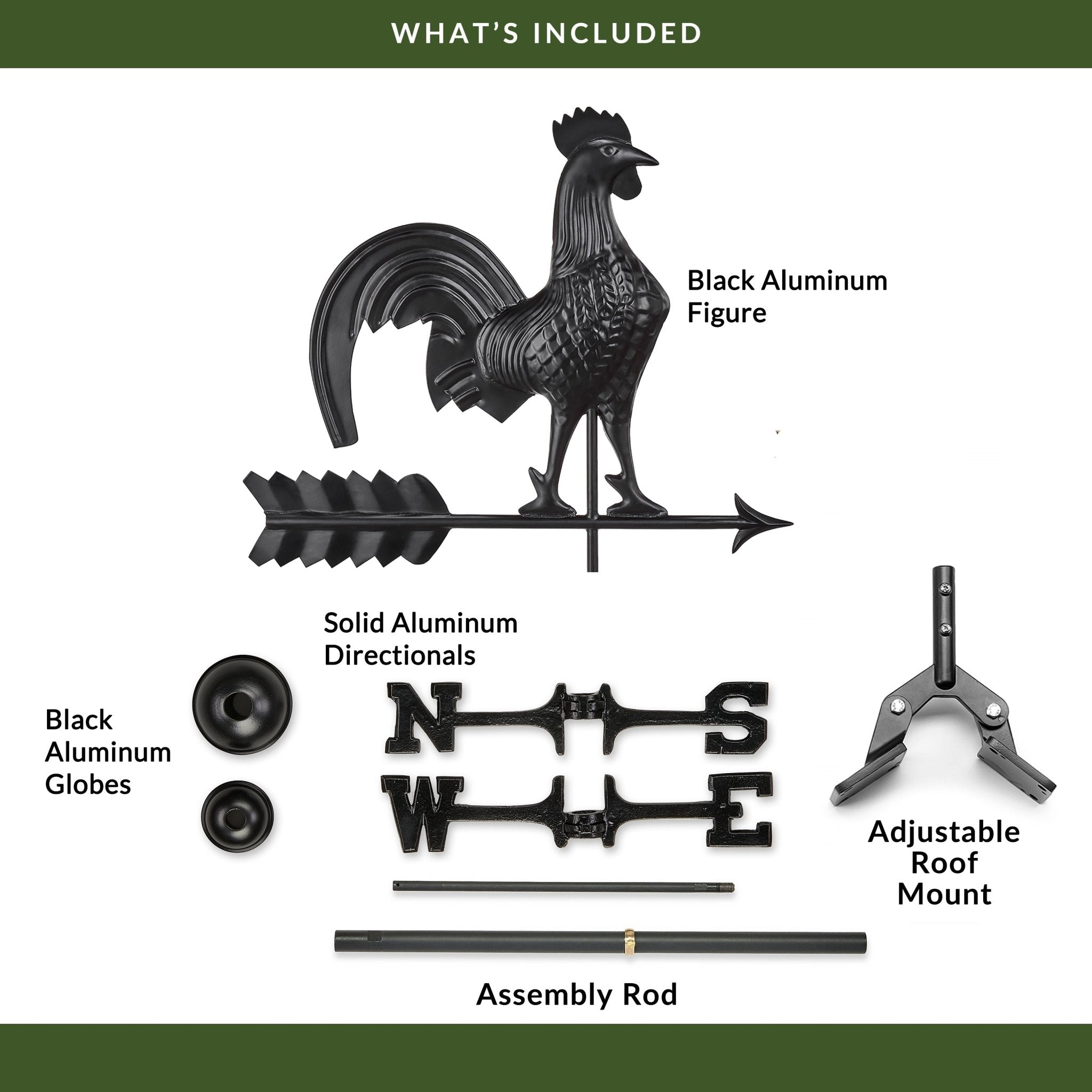 Black Aluminum Rooster Standard Weathervane - Evira