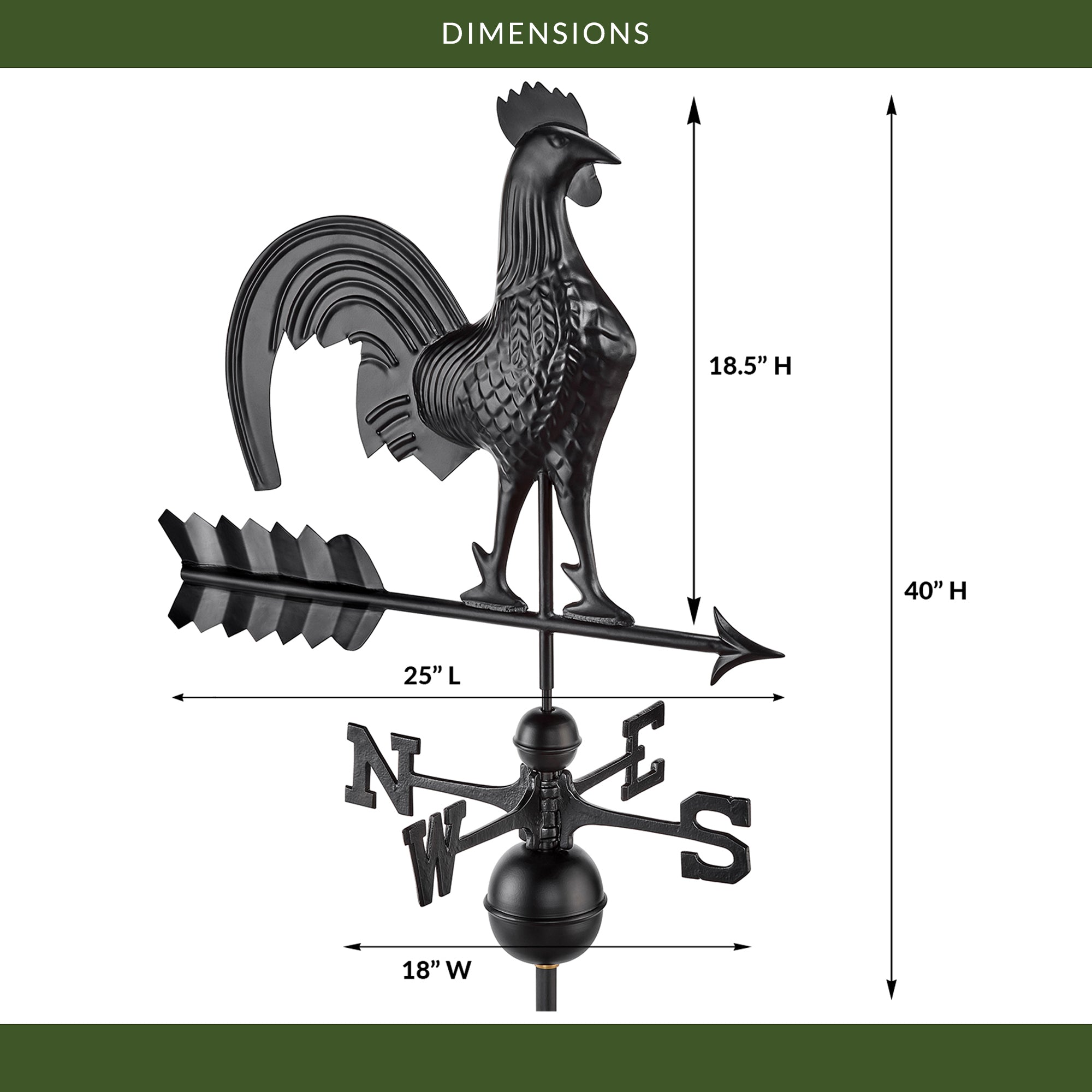 Black Aluminum Rooster Standard Weathervane - Evira