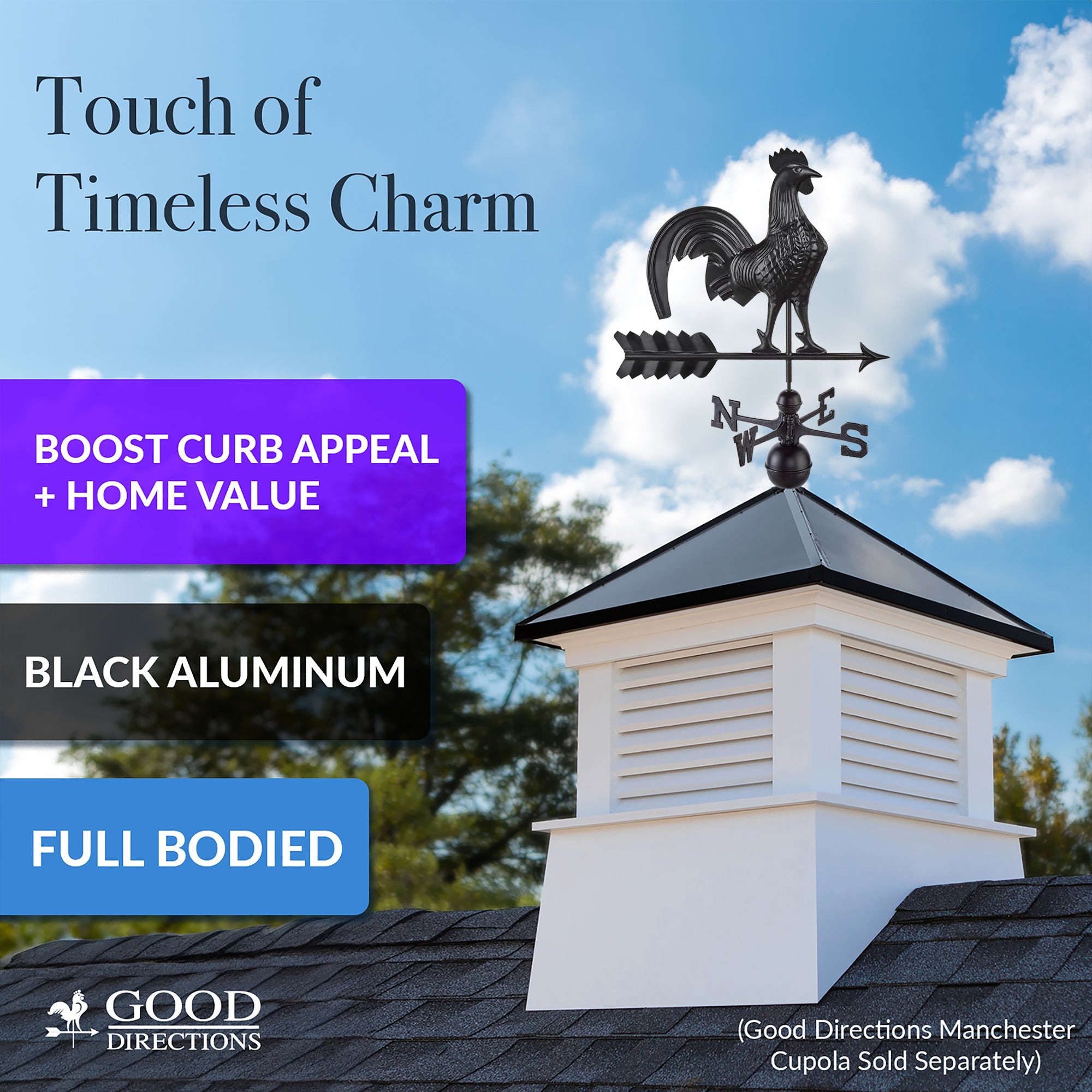 Black Aluminum Rooster Standard Weathervane - Evira