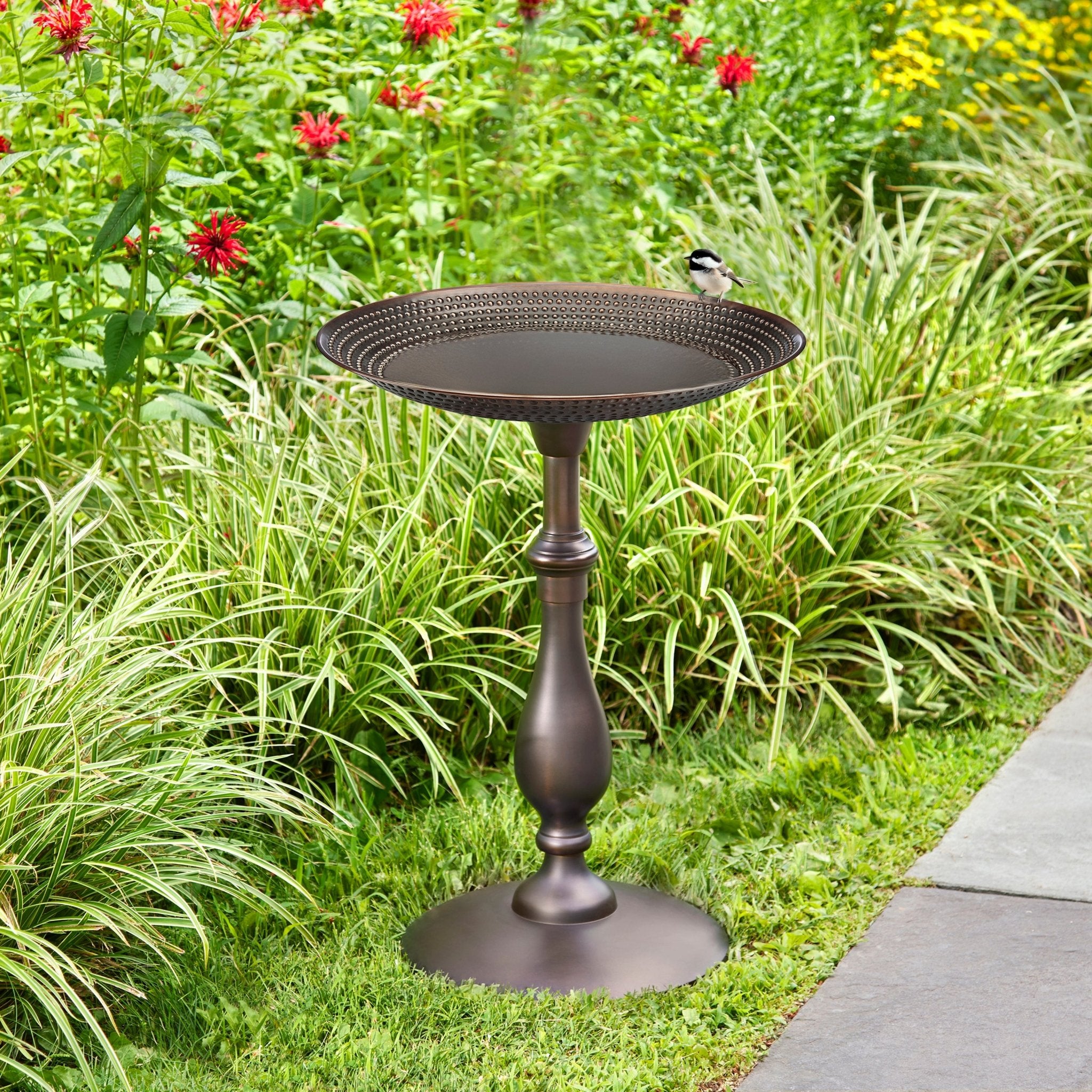 Classic Birdbath Pedestal with Beaded Copper Basin, 18"D - Bronze Finish - Evira