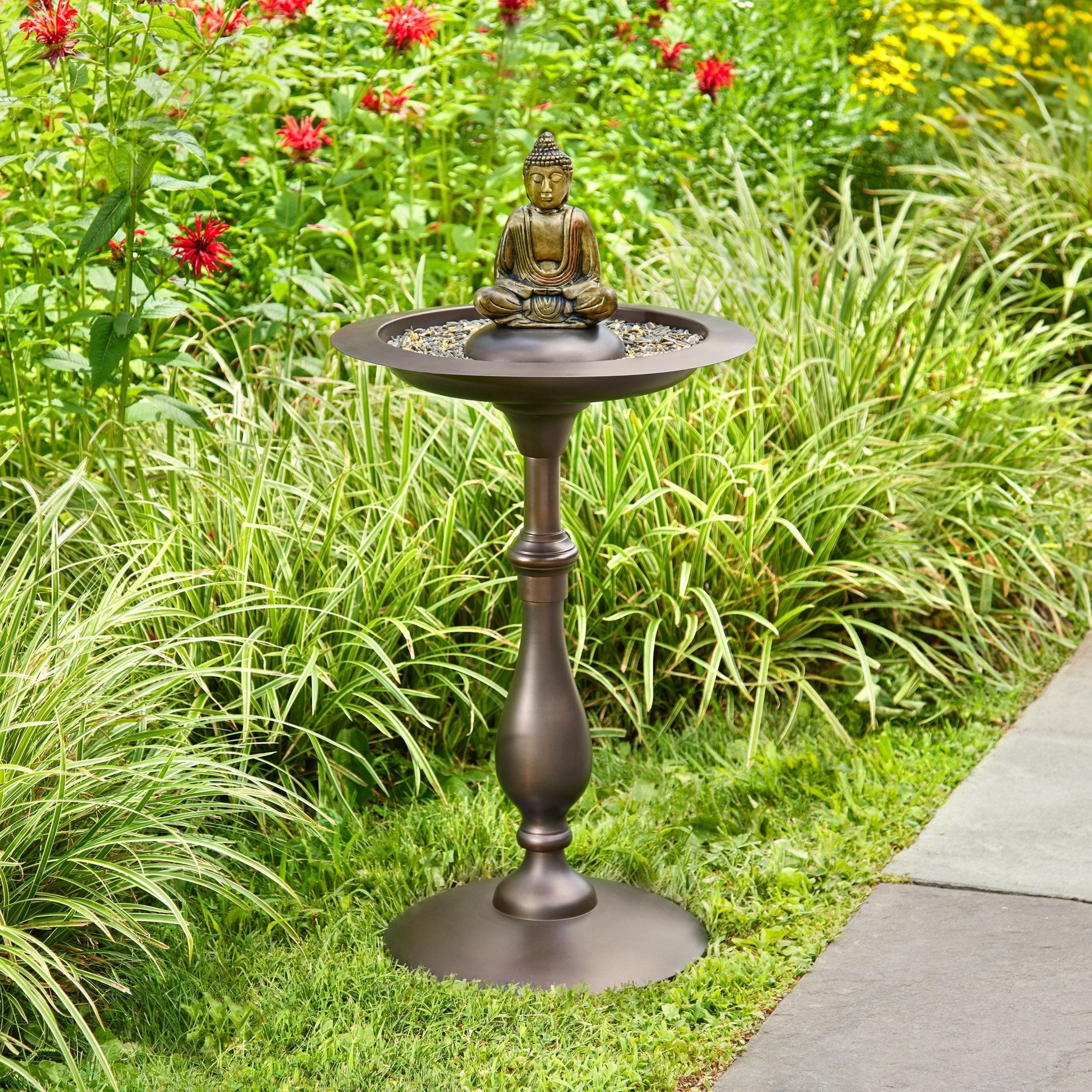 Classic Bronze Bird Bath Pedestal with Buddha - Evira