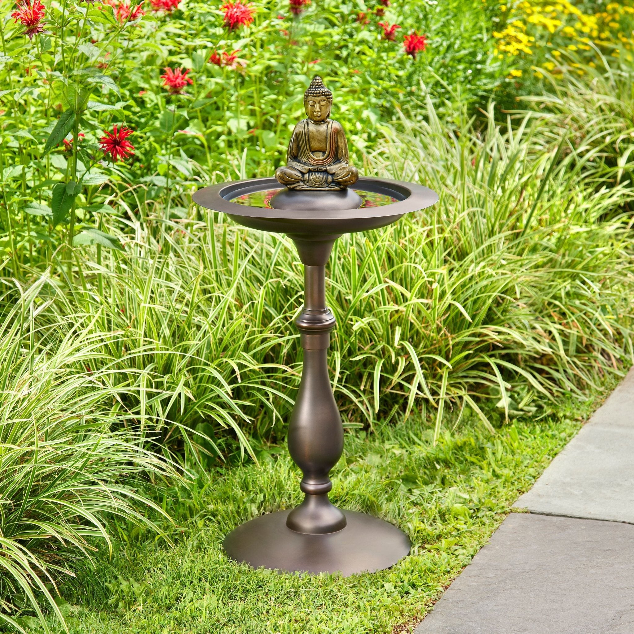 Classic Bronze Bird Bath Pedestal with Buddha - Evira