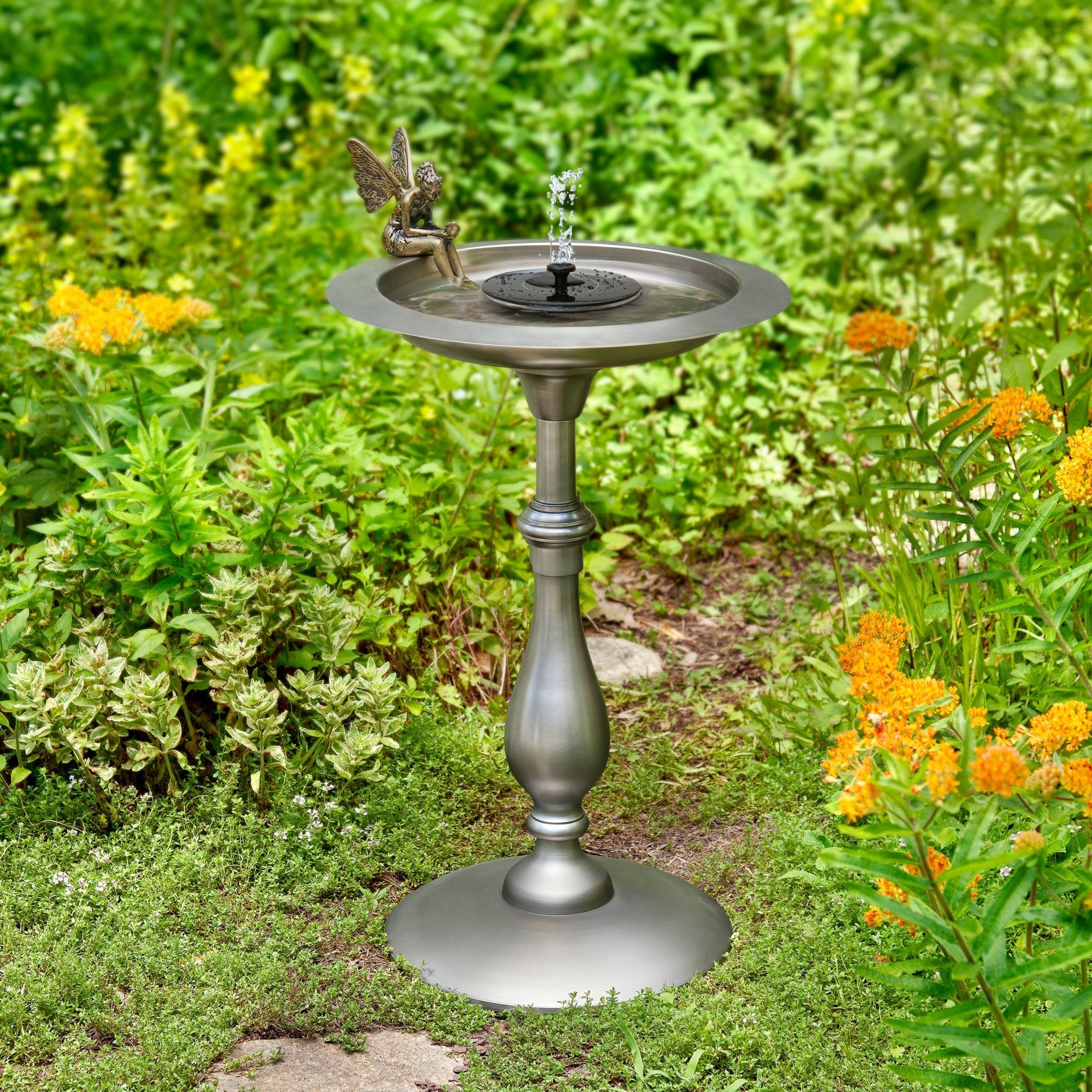 Classic Pewter Bird Bath Pedestal with Fairy - Evira