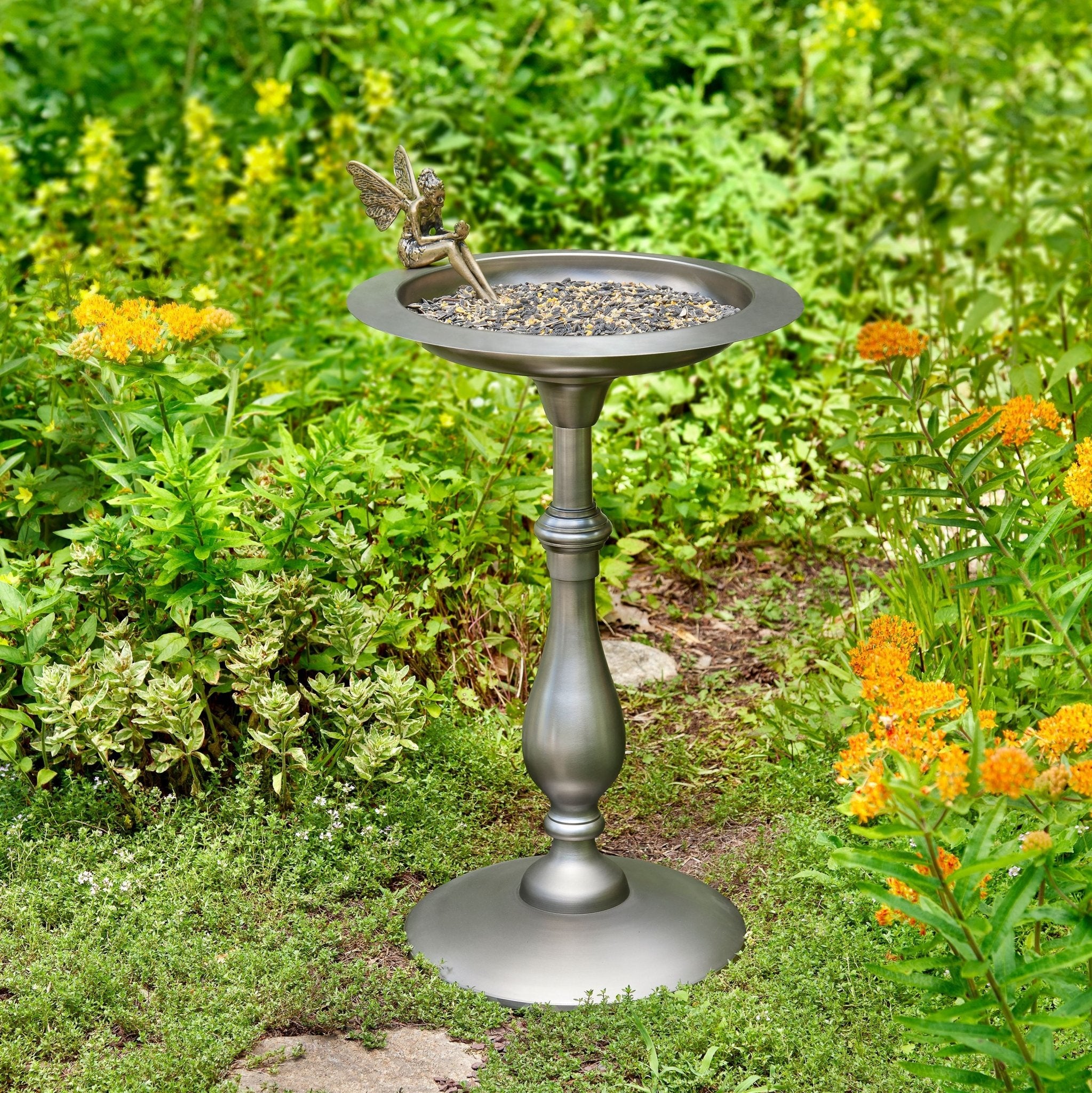 Classic Pewter Bird Bath Pedestal with Fairy - Evira