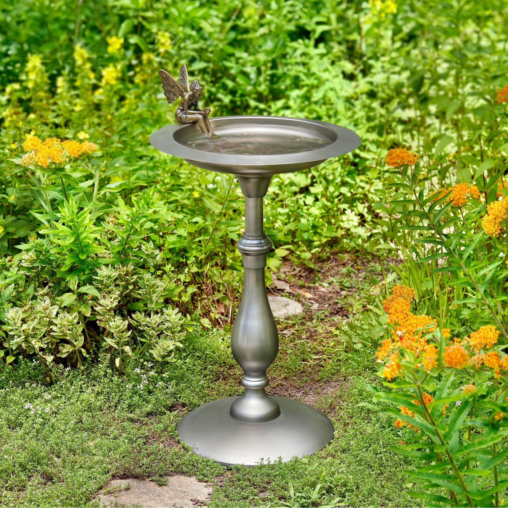 Classic Pewter Bird Bath Pedestal with Fairy - Evira