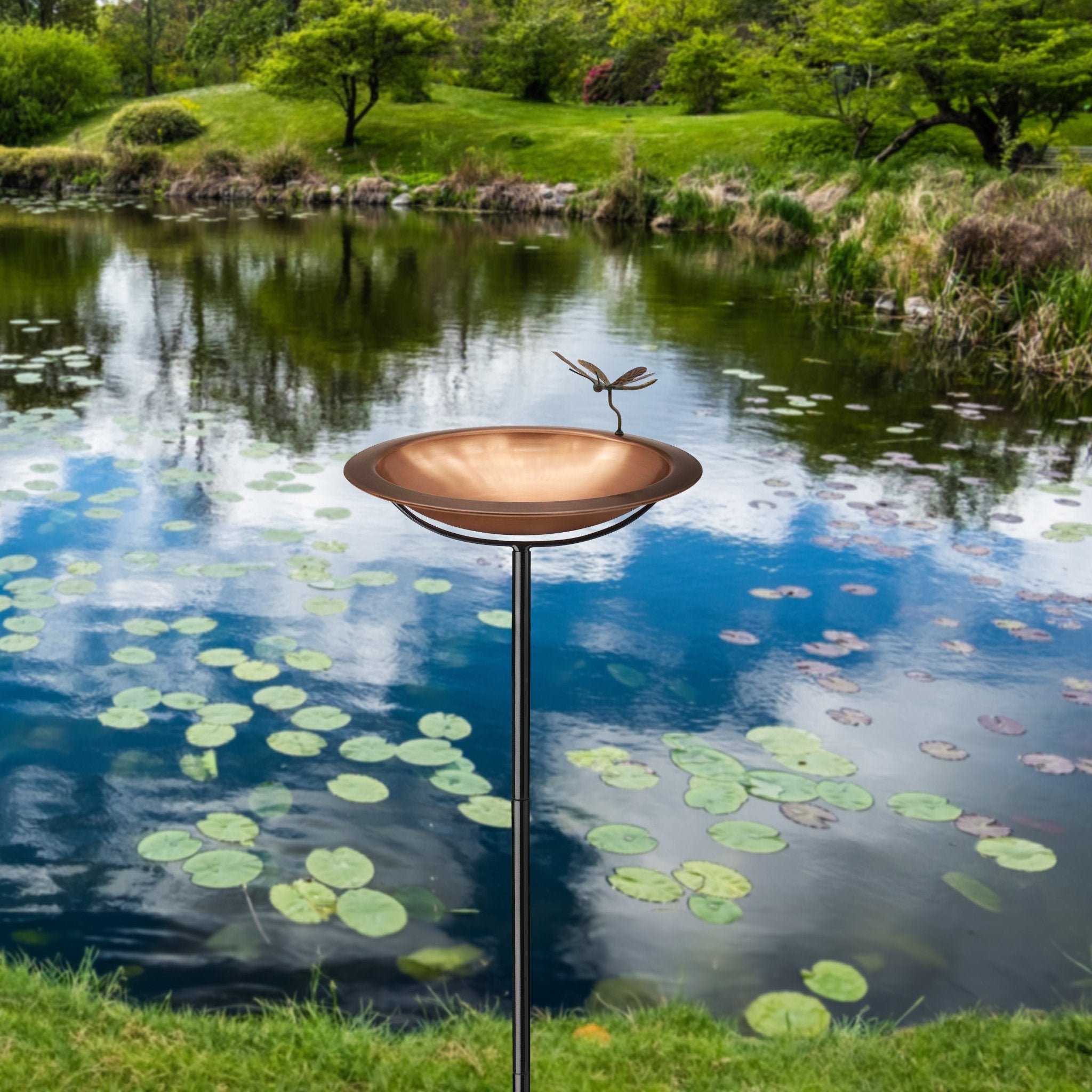 Copper Bird Bath with Patina Dragonfly - Evira