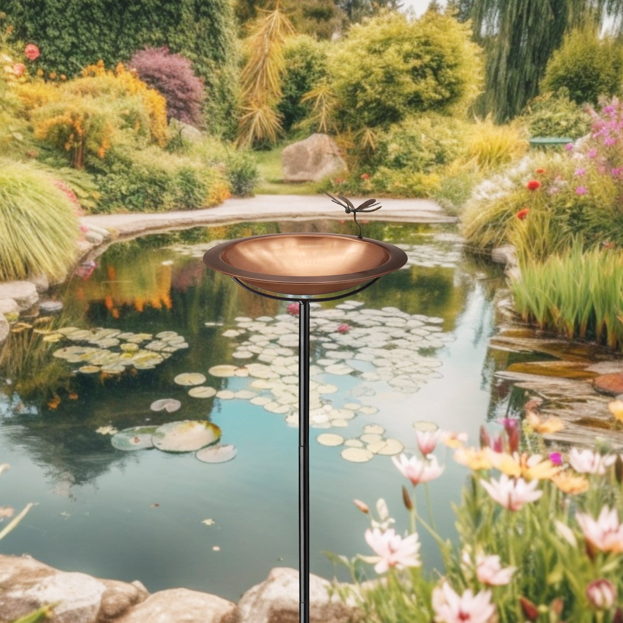Copper Bird Bath with Patina Dragonfly - Evira