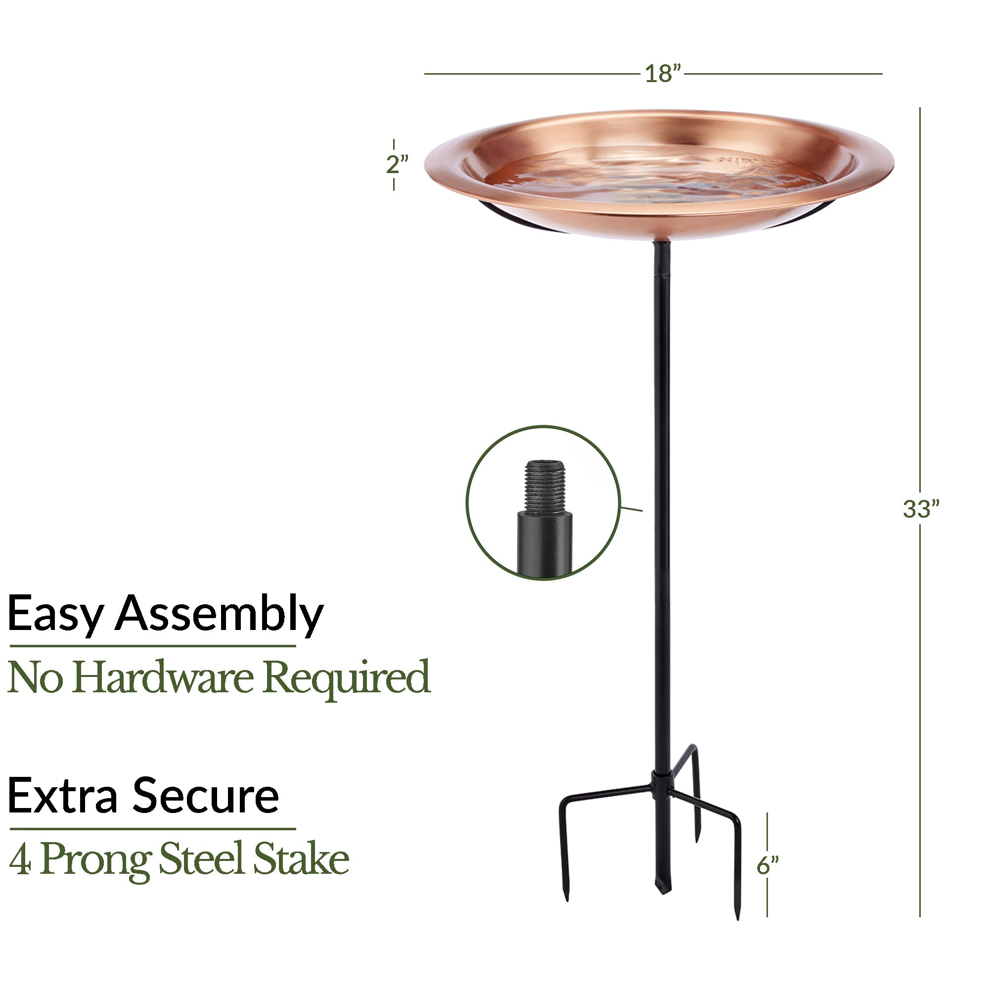 Copper Birdbath with Garden Pole, 18“�D “ Matte Finish - Evira