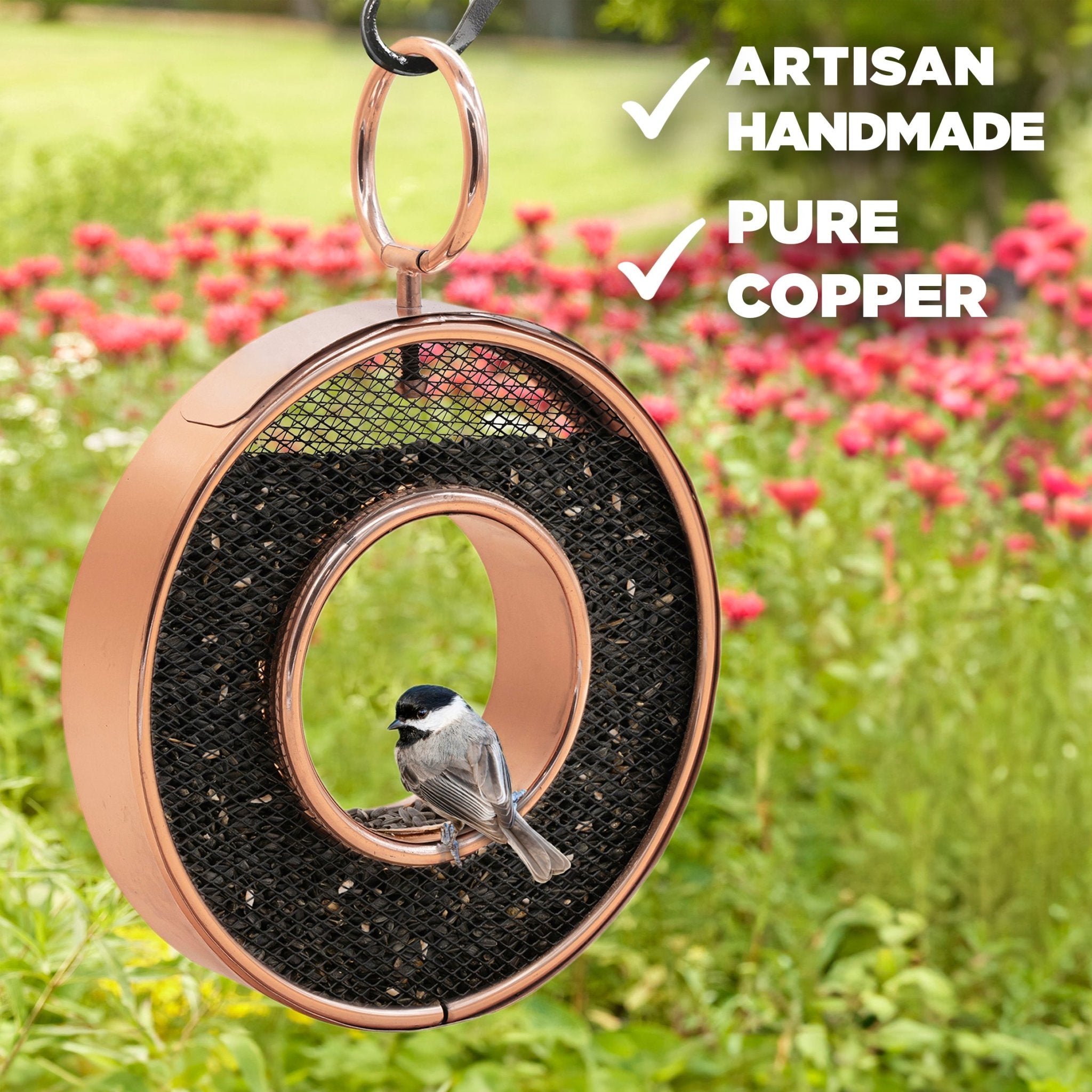 Copper Circle Fly - Thru Copper Bird Feeder with Mesh Panels - Evira