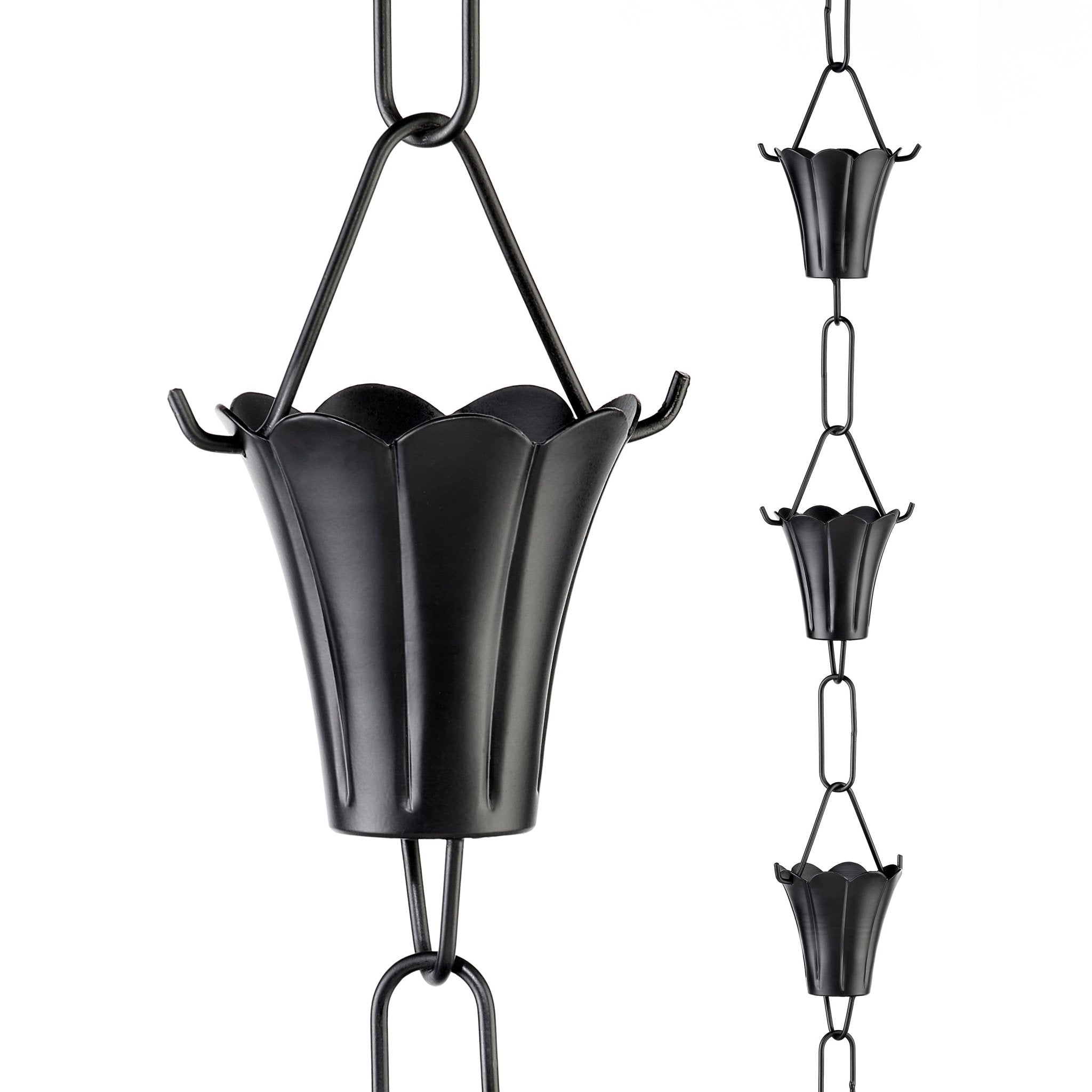 Fluted Flower Rain Chain Black - 8.5 ft., with 11 Large Cups - Evira