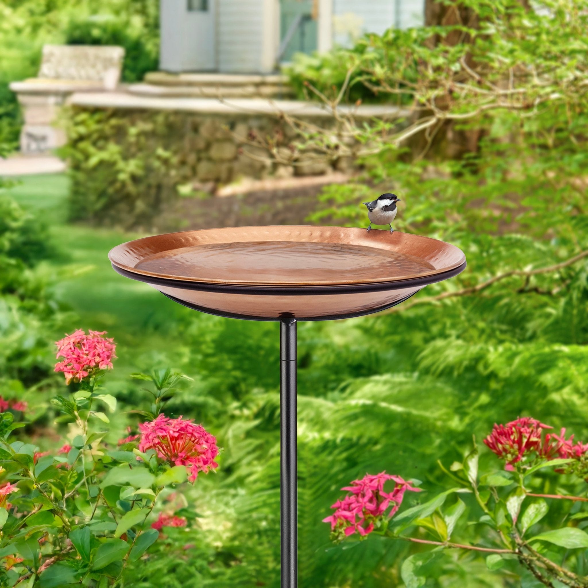 Hammered Copper Birdbath with Garden Pole, 13.5"D - Evira