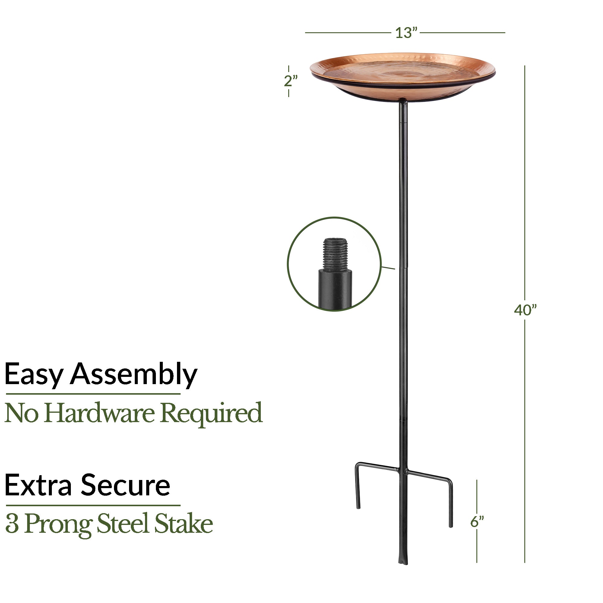 Hammered Copper Birdbath with Garden Pole, 13.5"D - Evira